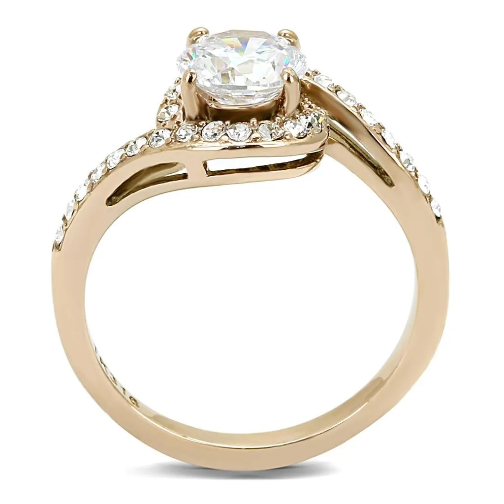 IP Rose Gold(Ion Plating) Stainless Steel Ring with AAA Grade CZ in Clear for Women Style TK3178