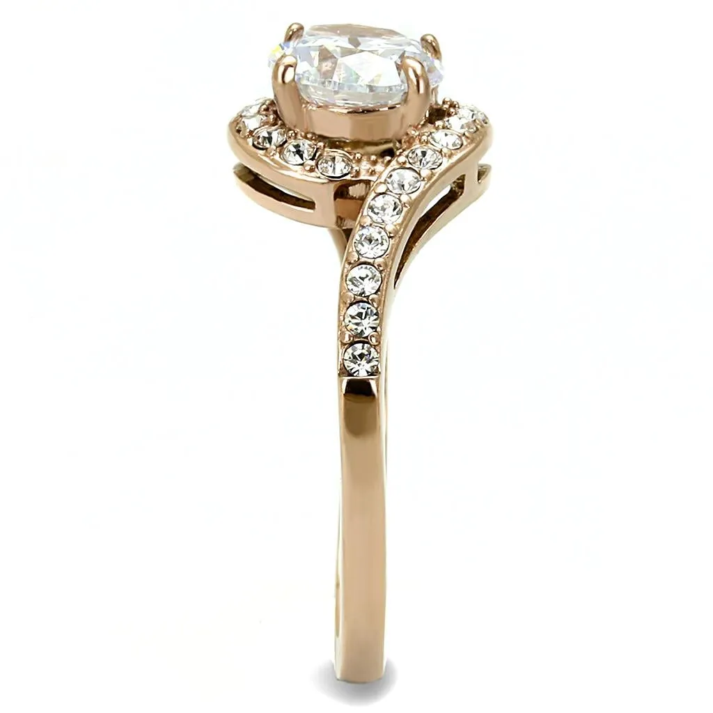 IP Rose Gold(Ion Plating) Stainless Steel Ring with AAA Grade CZ in Clear for Women Style TK3178