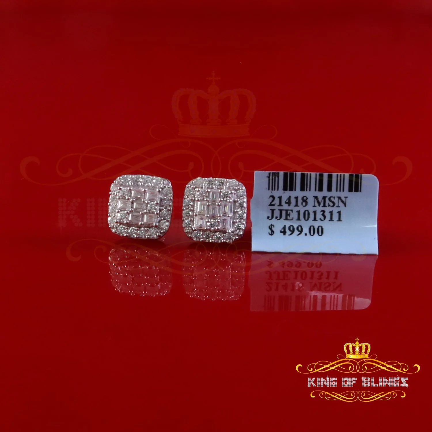 King of Bling's 925 White Silver 1.50ct VVS 'D' Baguette Moissanite Men's/Women's Stud Earrings