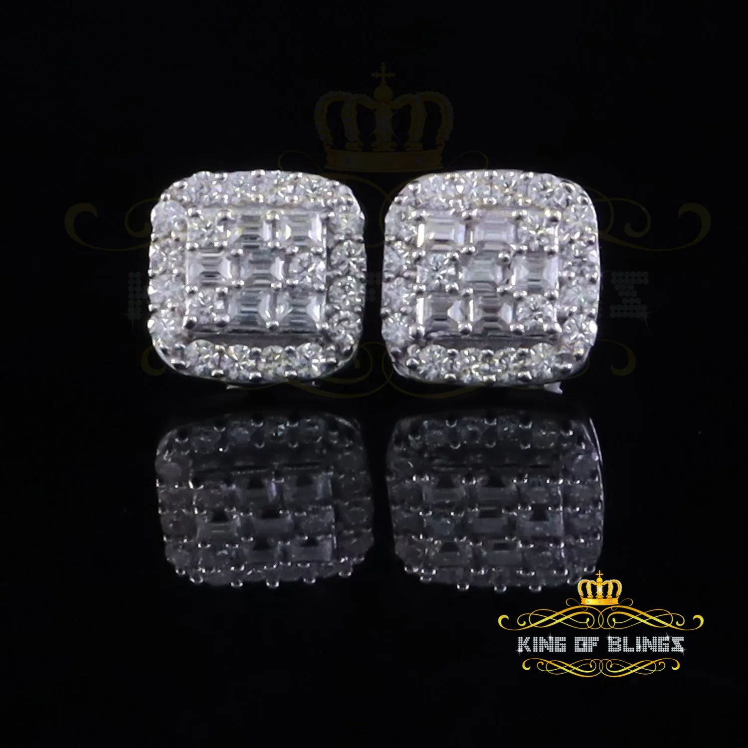 King of Bling's 925 White Silver 1.50ct VVS 'D' Baguette Moissanite Men's/Women's Stud Earrings