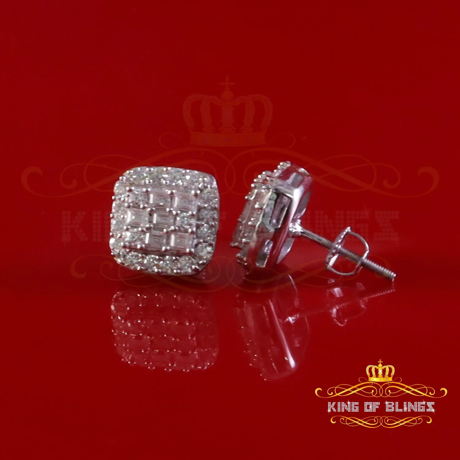 King of Bling's 925 White Silver 1.50ct VVS 'D' Baguette Moissanite Men's/Women's Stud Earrings