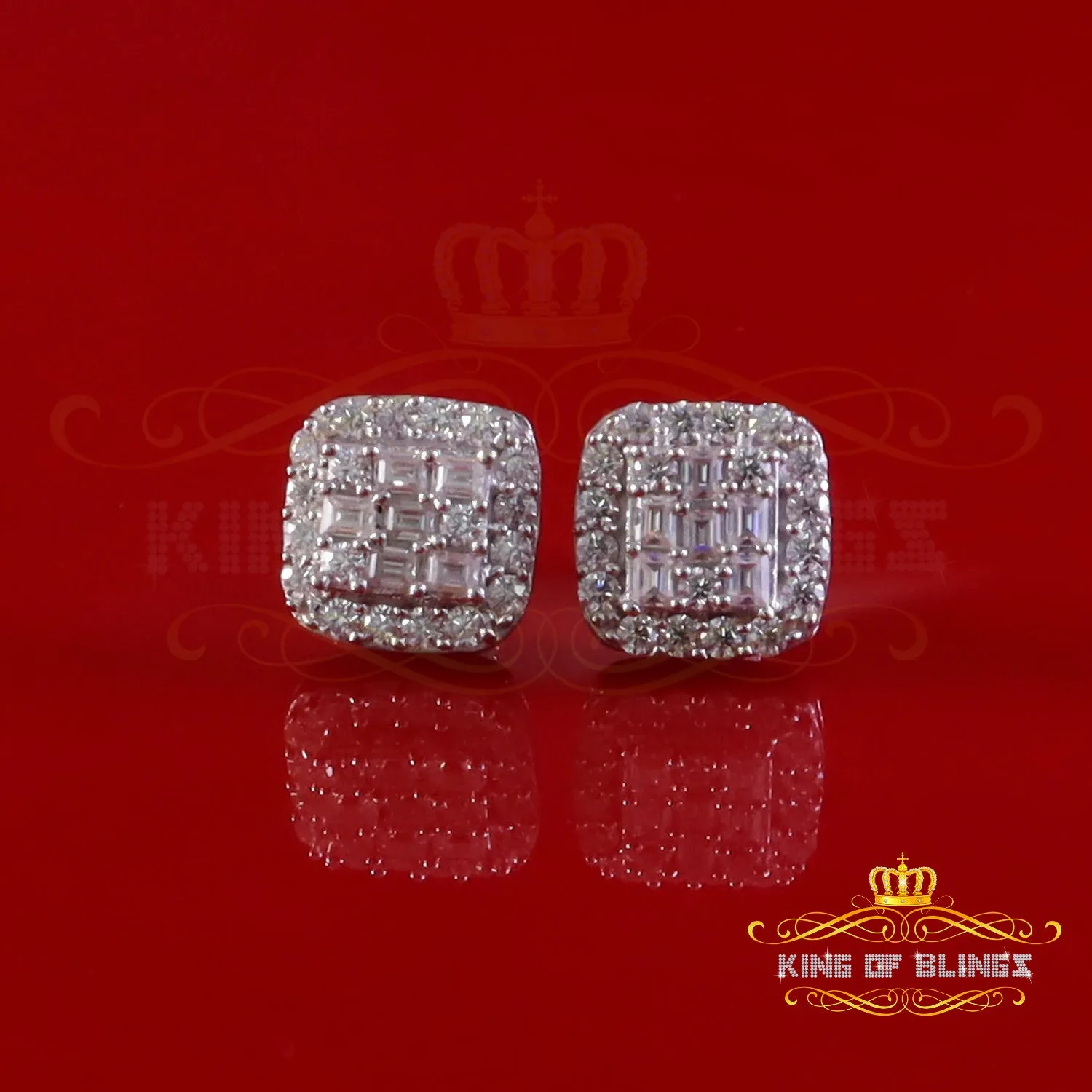 King of Bling's 925 White Silver 1.50ct VVS 'D' Baguette Moissanite Men's/Women's Stud Earrings