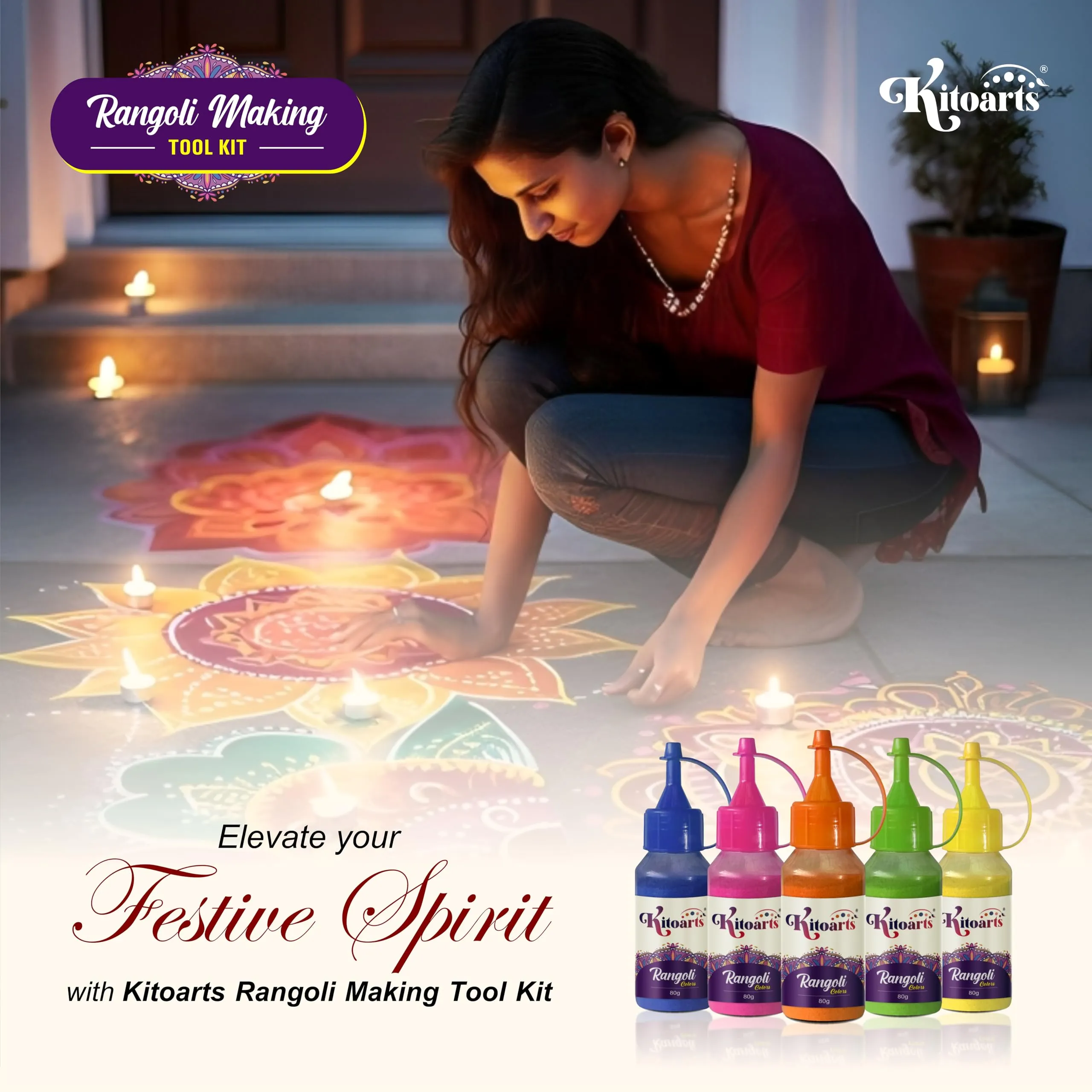 Kitoarts Rangoli Making Tool Kit, Set of 10 Rangoli Colours Bottle with Nozzle,Rangoli Powder (800 Gram)