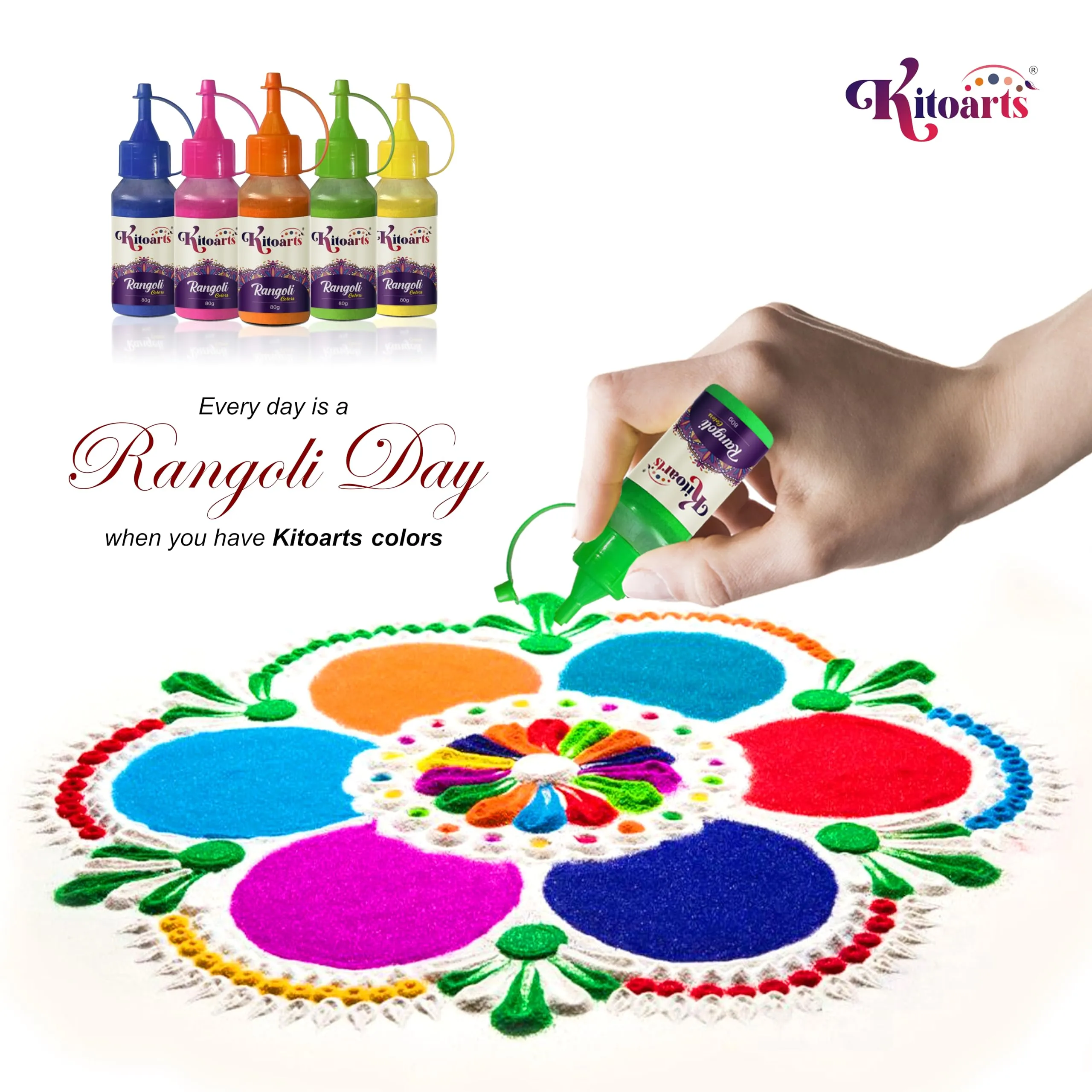 Kitoarts Rangoli Making Tool Kit, Set of 10 Rangoli Colours Bottle with Nozzle,Rangoli Powder (800 Gram)