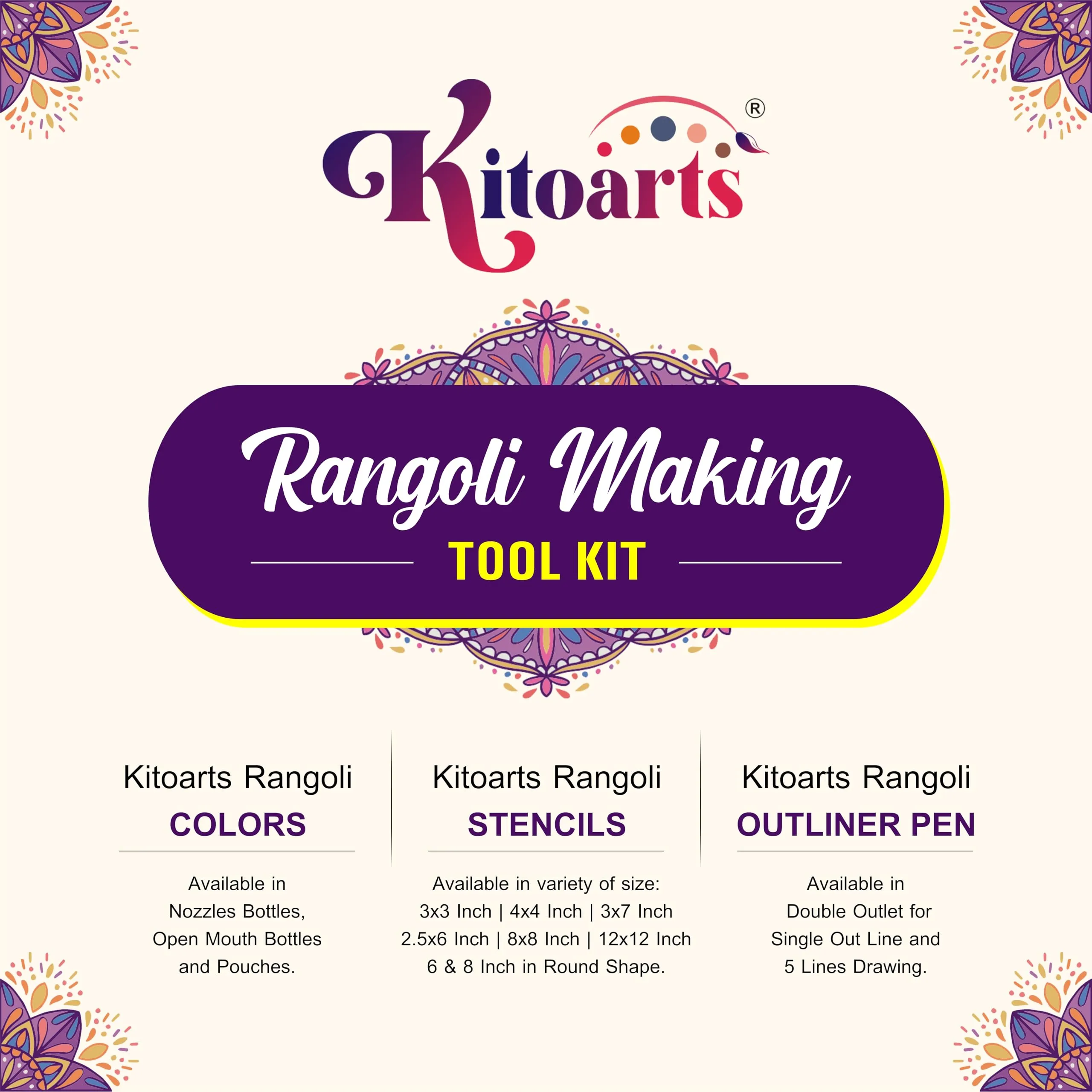 Kitoarts Rangoli Making Tool Kit, Set of 10 Rangoli Colours Bottle with Nozzle,Rangoli Powder (800 Gram)