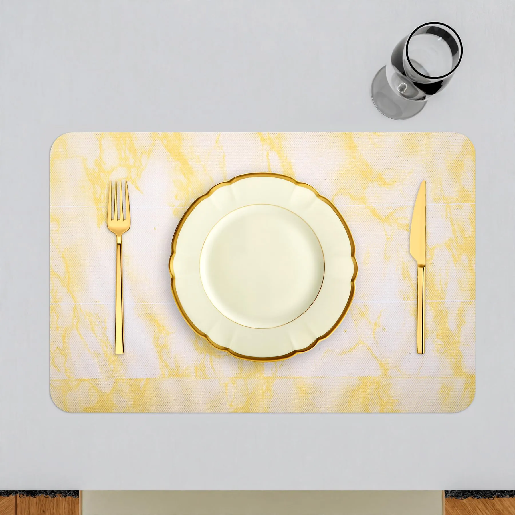 Kuber Industries Placemat | Placemats for Dining Room | Anti-Slip Table Mat Set | Placemats for Kitchen Table | Dining Table Placemats | Marble Placemat | 6 Piece Set | Yellow