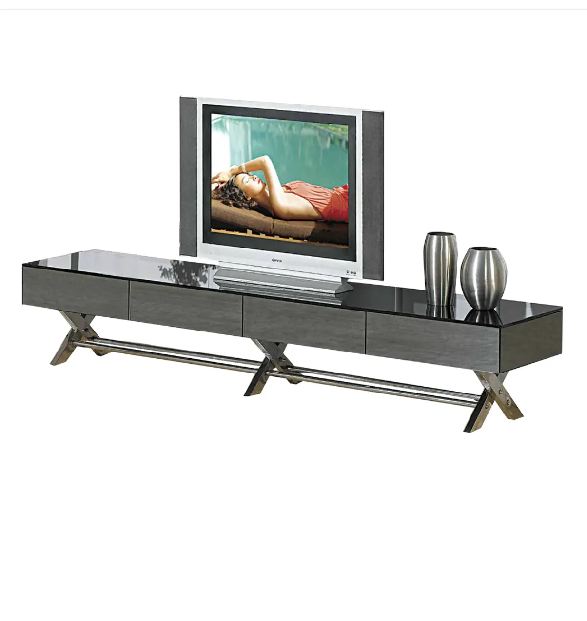 La Rochelle | Modern Luxury Black & Gray Mirror w/ Chrome Legs TV Stand