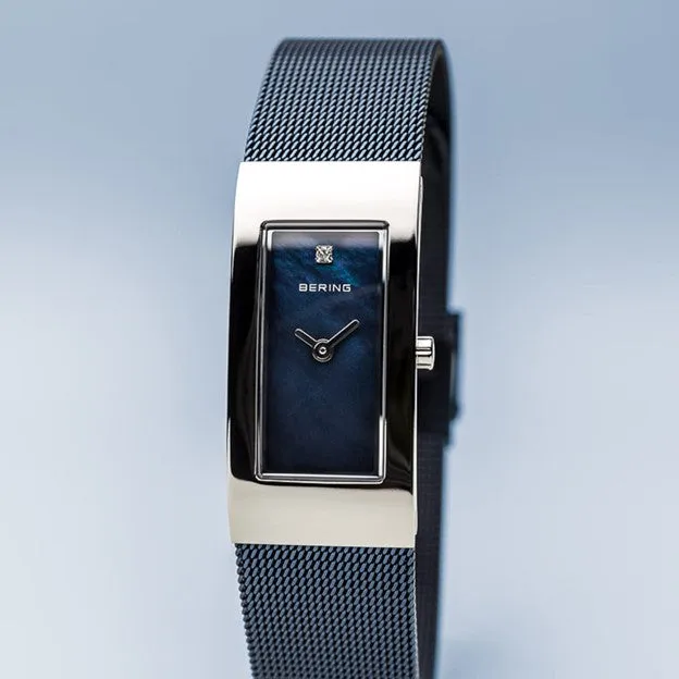 Ladies Classic Polished Silver w/ Blue Mother-of-Pearl Rectangle Dial & Milanese Strap