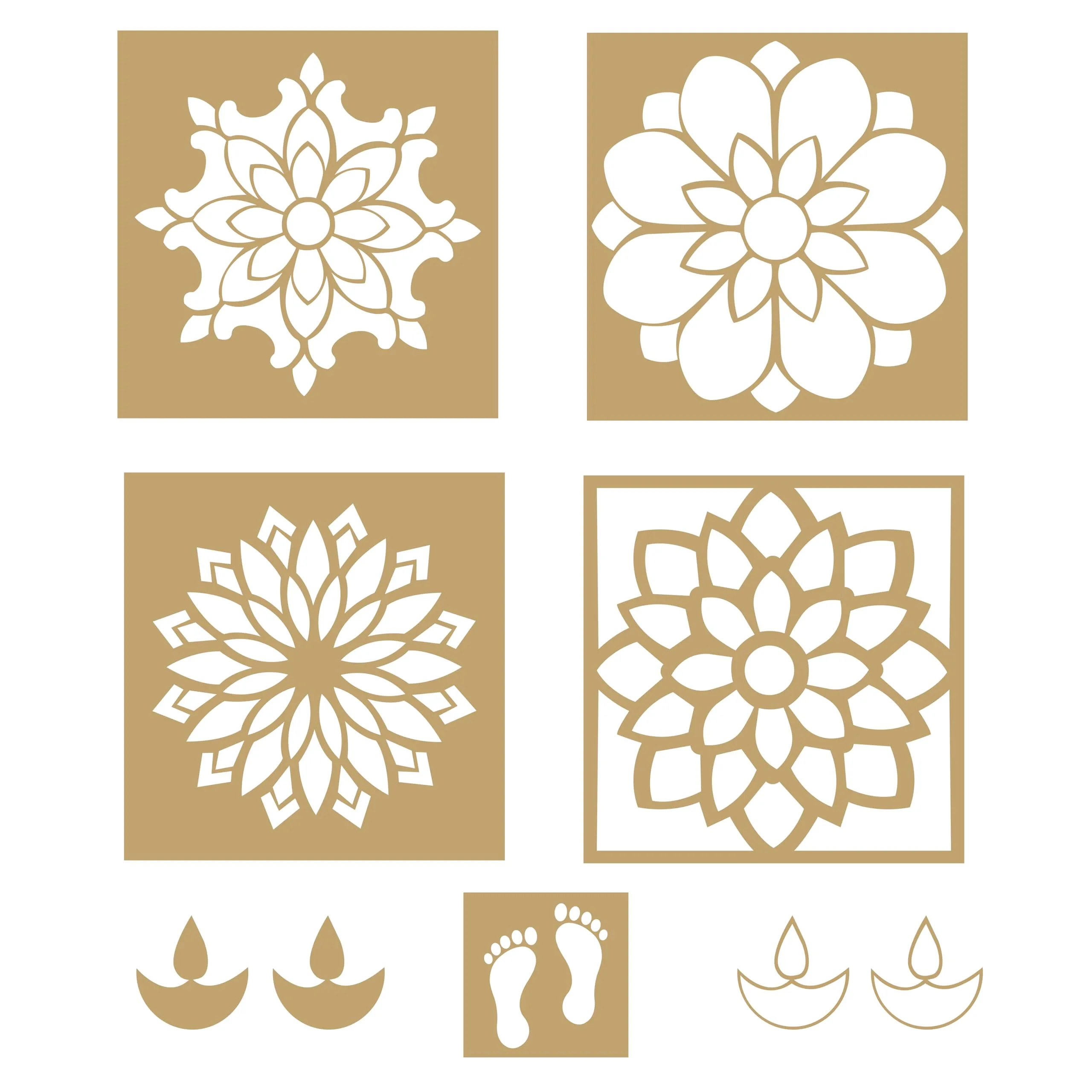 LET'S DIY Rangoli Stencils Set for Diwali Decoration | 4-Piece Reusable Stencil Set (8x8 inches) for Home Décor, Pooja, Festivals, and Floor Designs