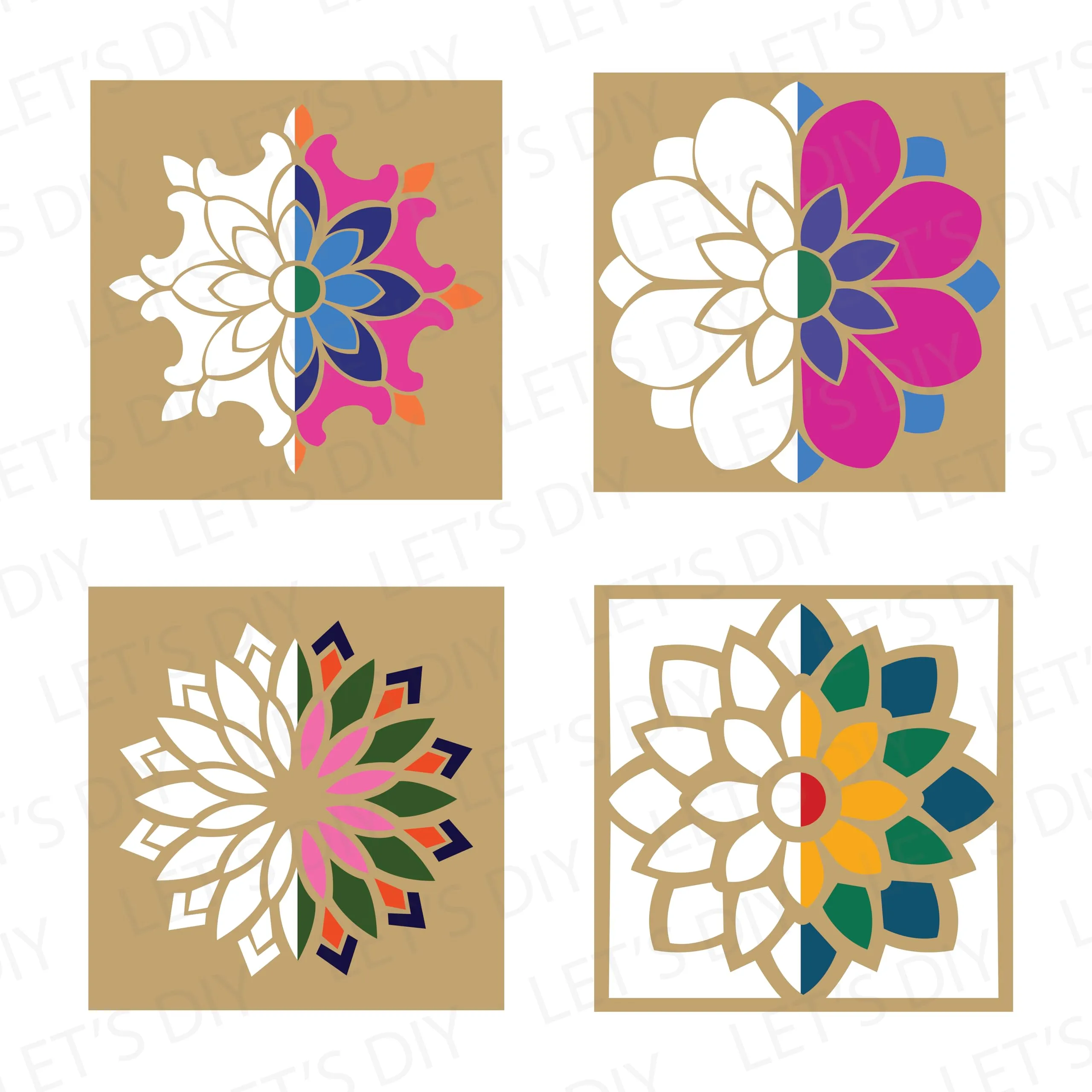 LET'S DIY Rangoli Stencils Set for Diwali Decoration | 4-Piece Reusable Stencil Set (8x8 inches) for Home Décor, Pooja, Festivals, and Floor Designs