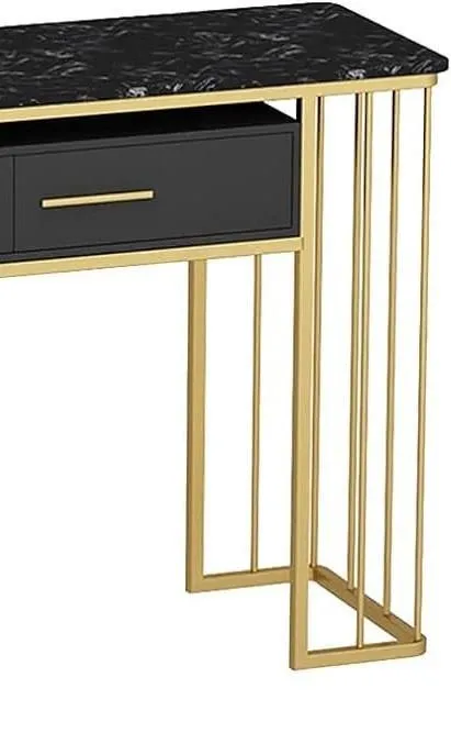 Luxurious Modern Rectangle Console Table with White Marble Top and Storage Box (Black & Golden)