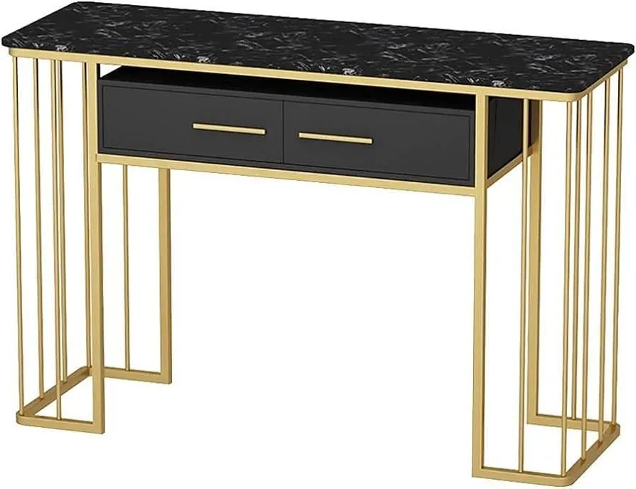 Luxurious Modern Rectangle Console Table with White Marble Top and Storage Box (Black & Golden)