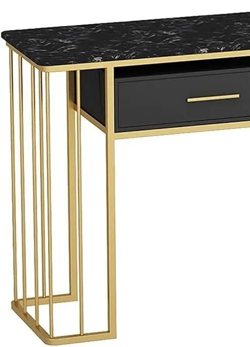 Luxurious Modern Rectangle Console Table with White Marble Top and Storage Box (Black & Golden)