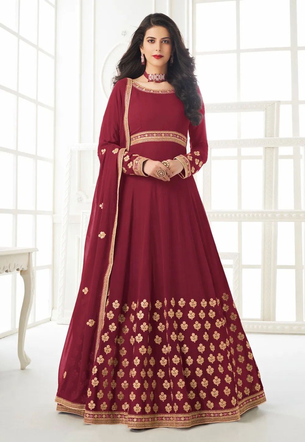 Maroon Faux Georgette Embroidered Anarkali Suit