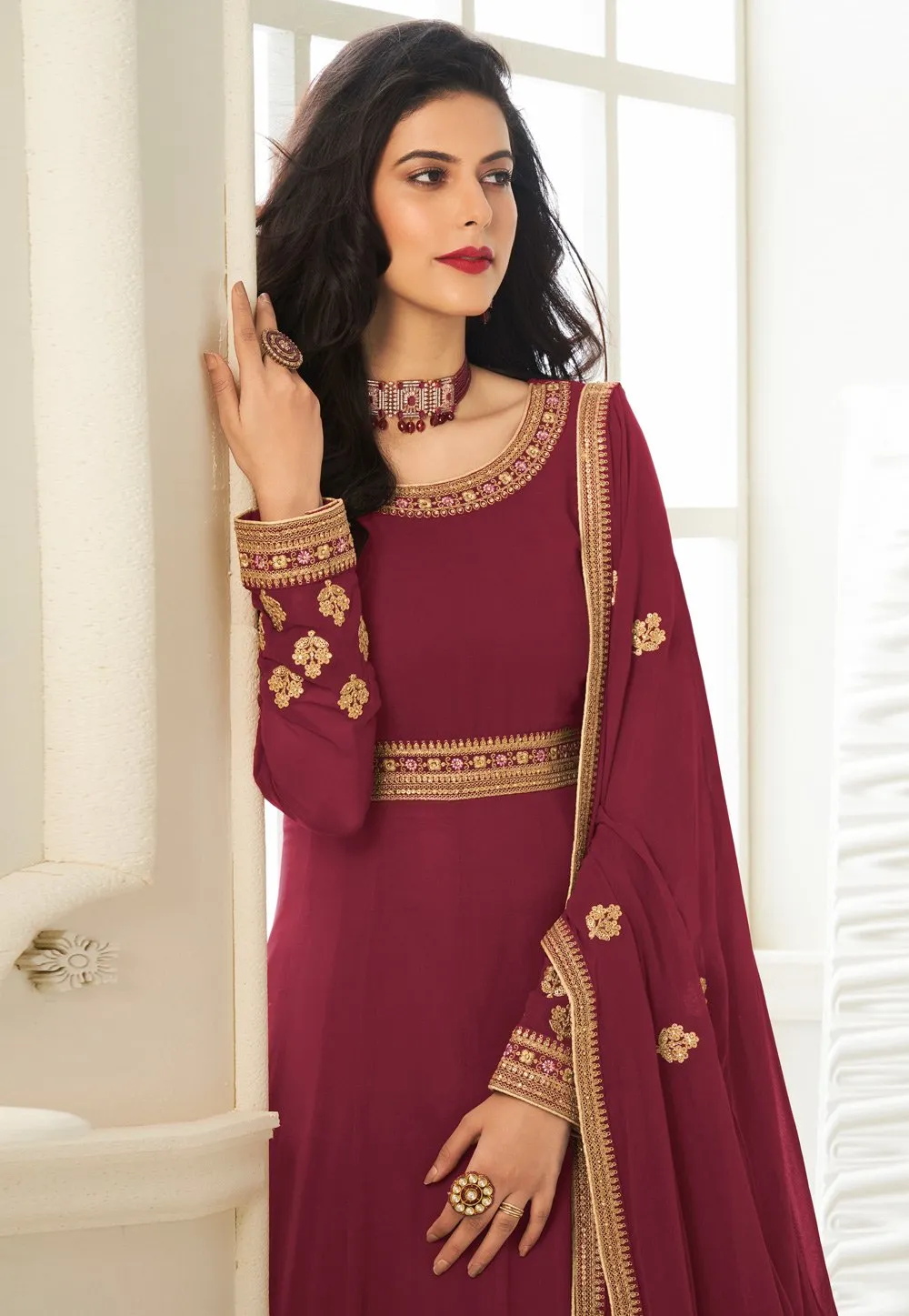 Maroon Faux Georgette Embroidered Anarkali Suit