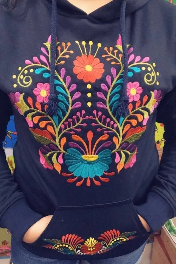 Mexican Floral Embroidered Hoodie Navy