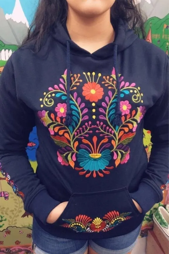 Mexican Floral Embroidered Hoodie Navy