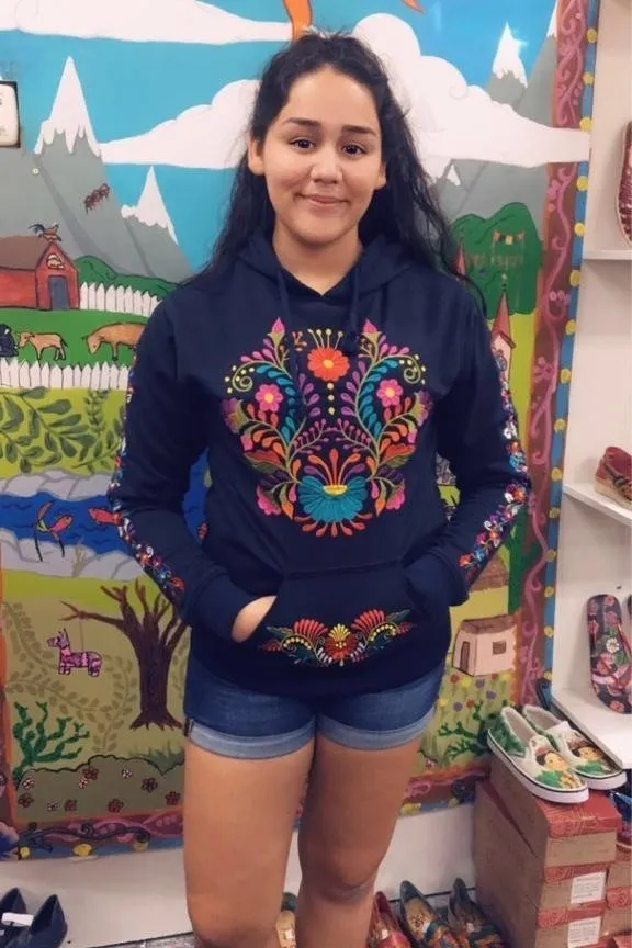 Mexican Floral Embroidered Hoodie Navy