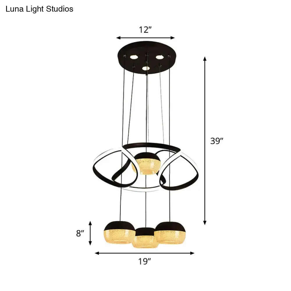 Minimalist Acrylic Oval LED Pendant Lamp with 4 Hanging Lights, Twisting Shelf, and Black Ceiling Mount