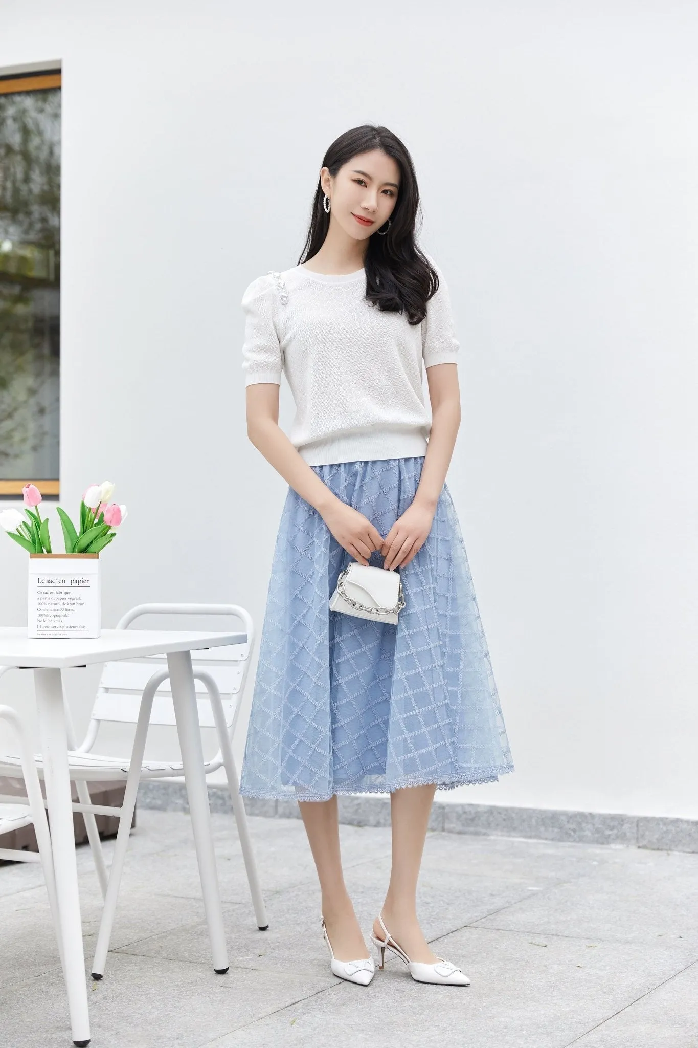 Mist Blue A Shape Mesh Skirt