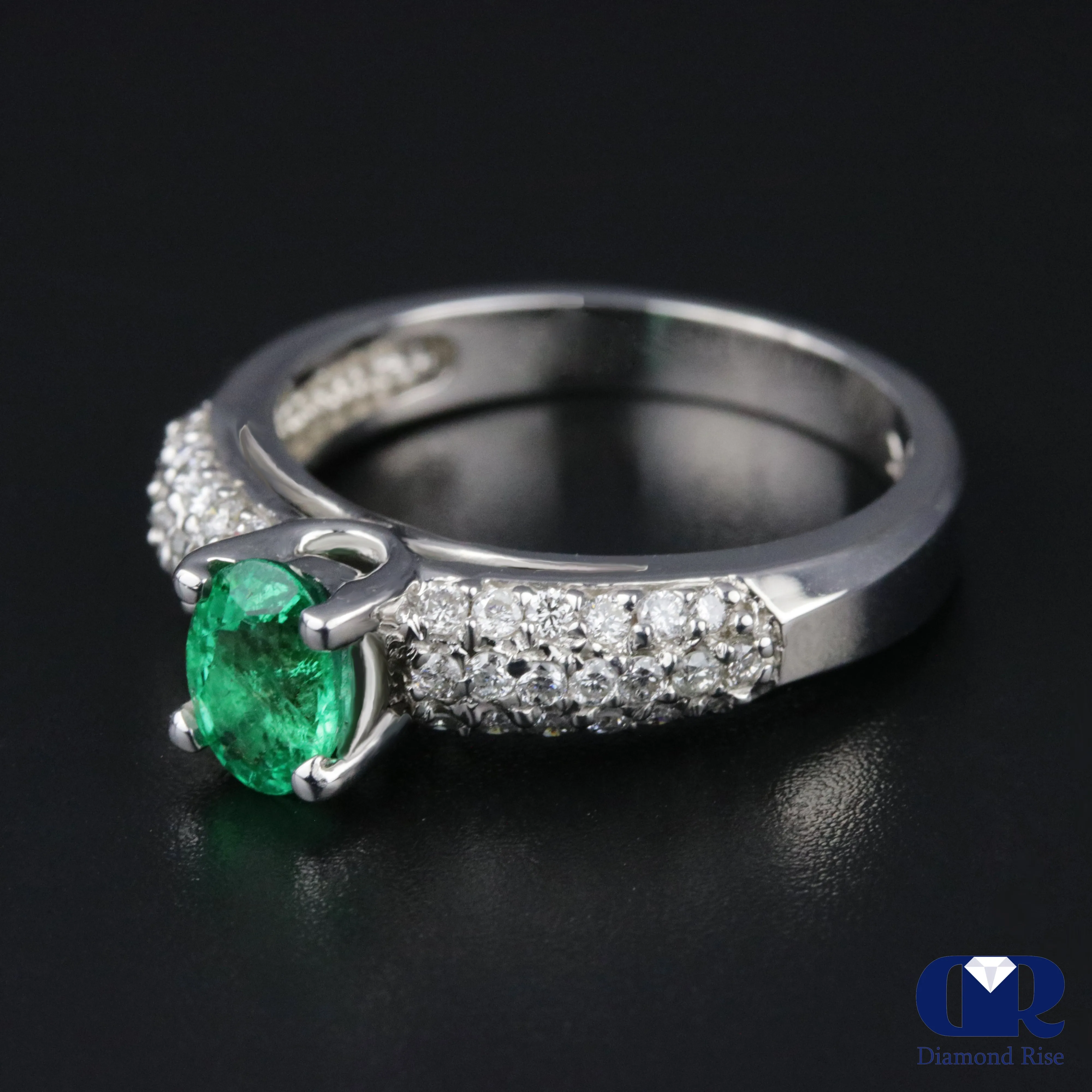 Natural 1.10 Ct Emerald & Diamond Cocktail Ring In 14K White Gold