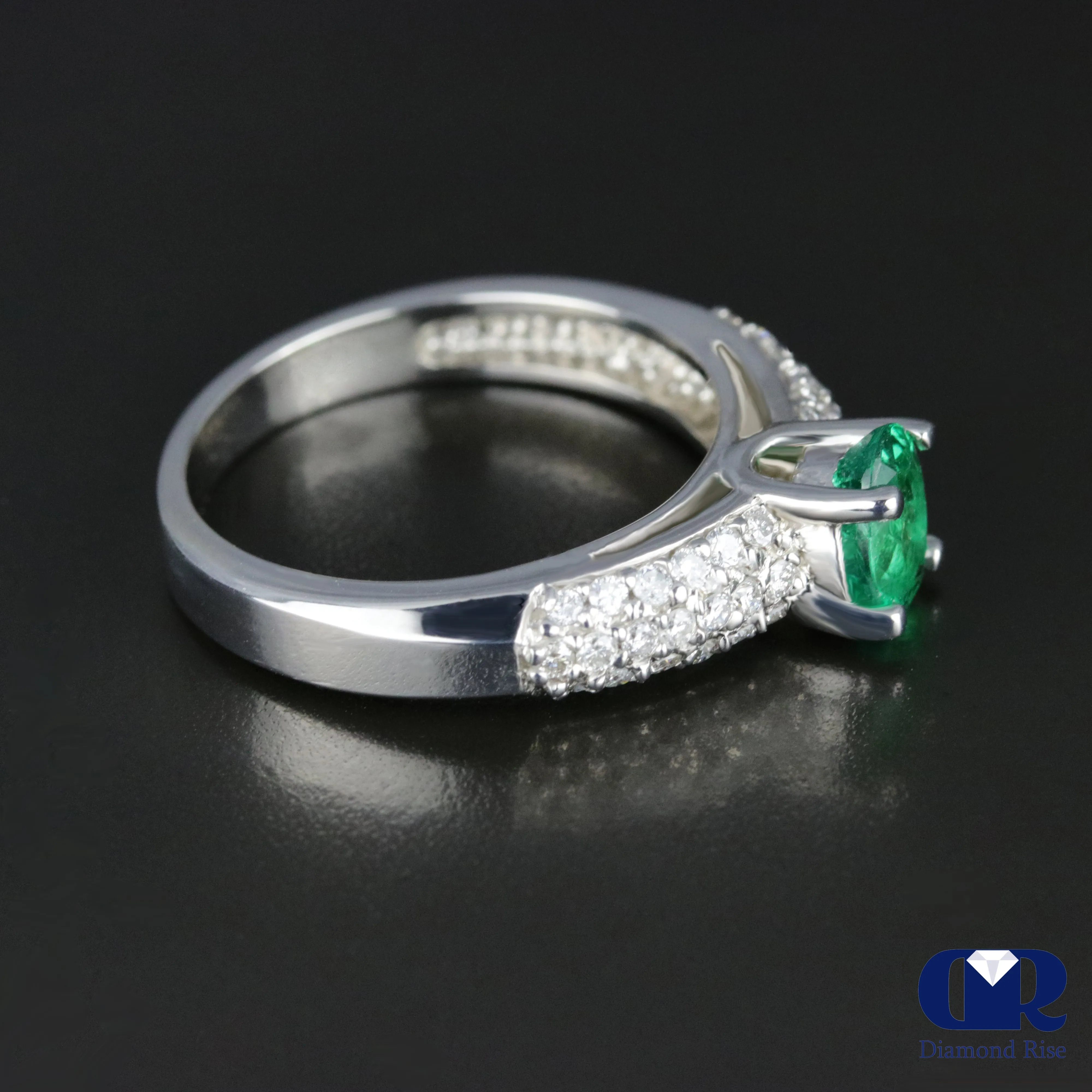 Natural 1.10 Ct Emerald & Diamond Cocktail Ring In 14K White Gold