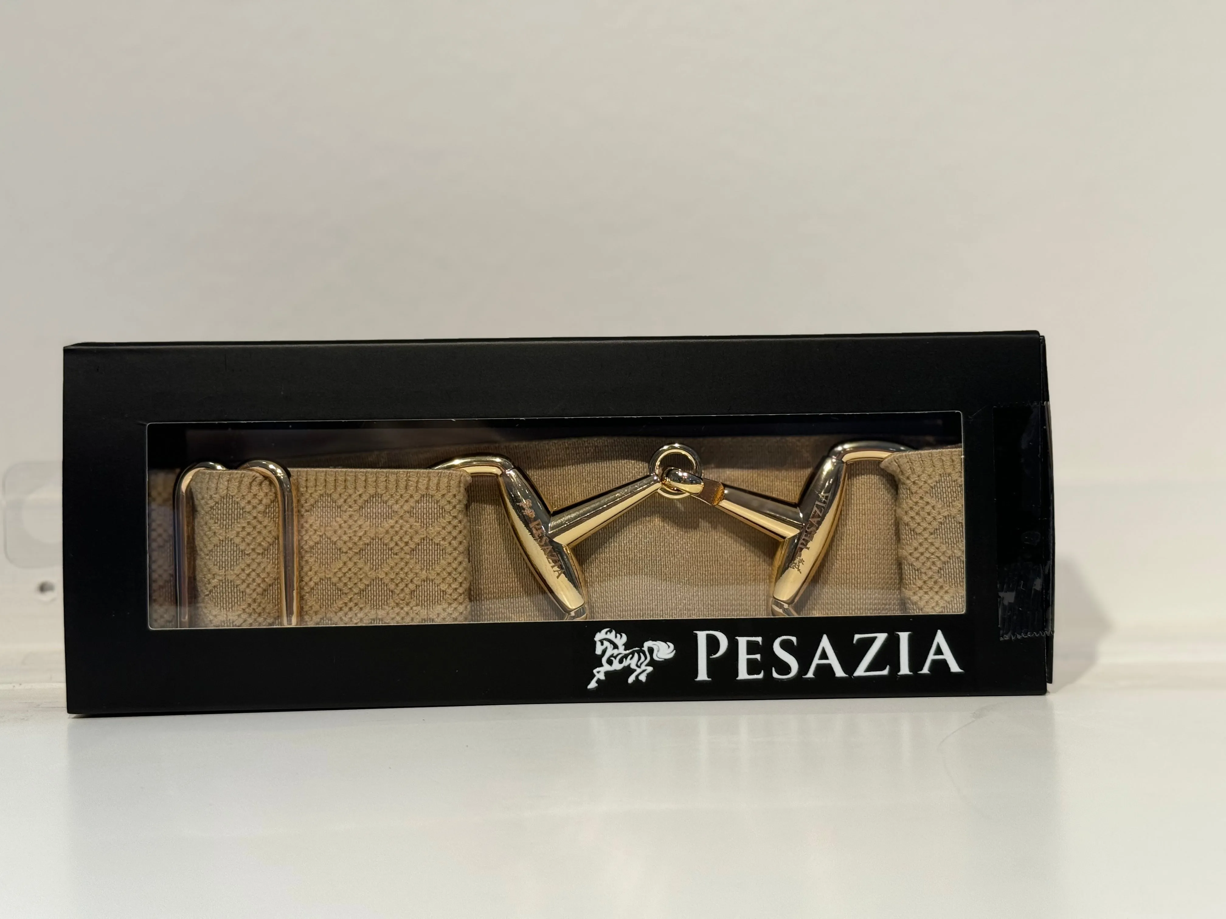 Pesazia - Logo Stretch Bit Belts - Beige Textured w/ Gold Snaffle Bit