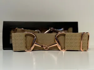 Pesazia - Logo Stretch Bit Belts - Beige Textured w/ Rose Gold Snaffle Bit