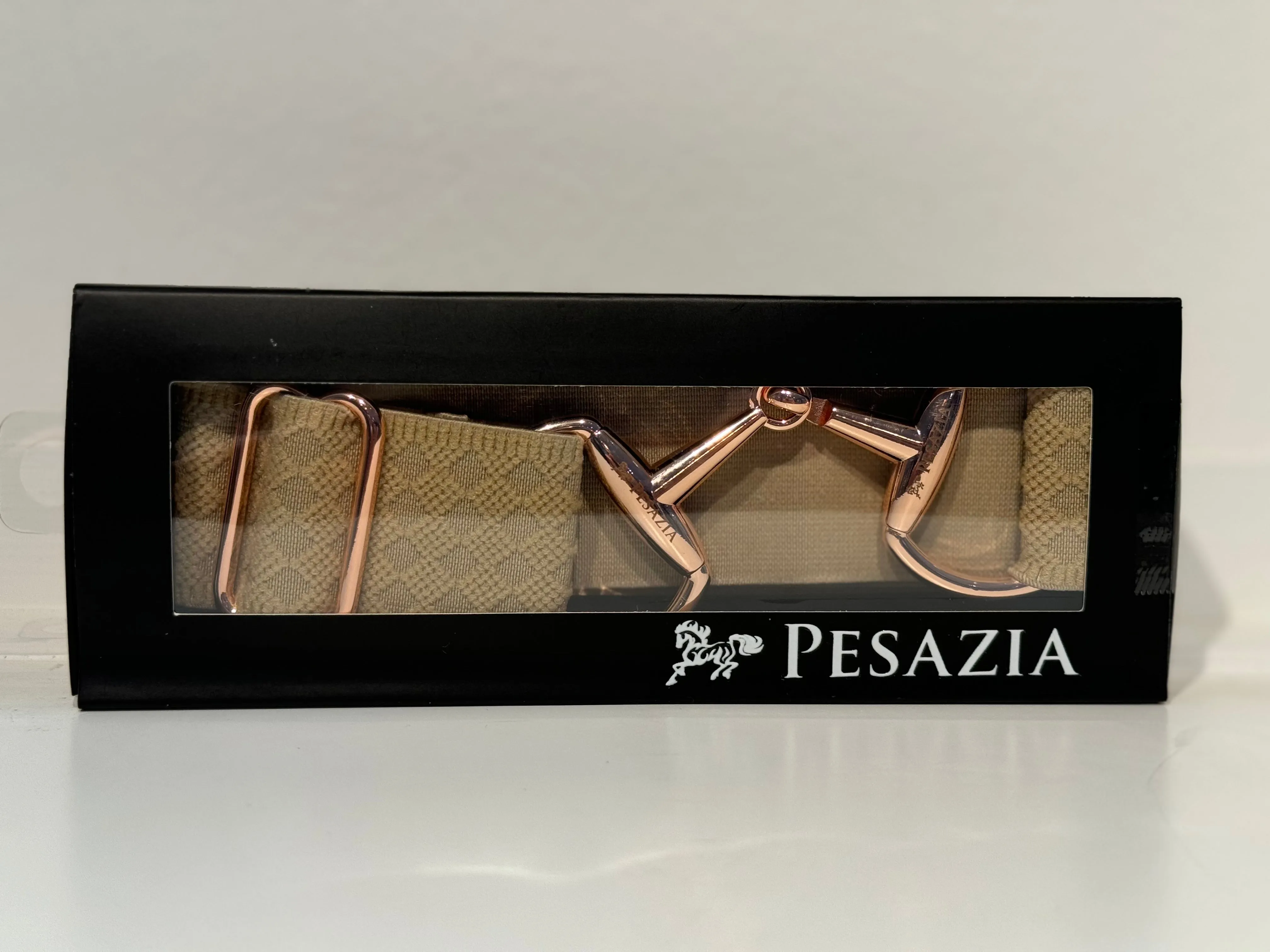 Pesazia - Logo Stretch Bit Belts - Beige Textured w/ Rose Gold Snaffle Bit