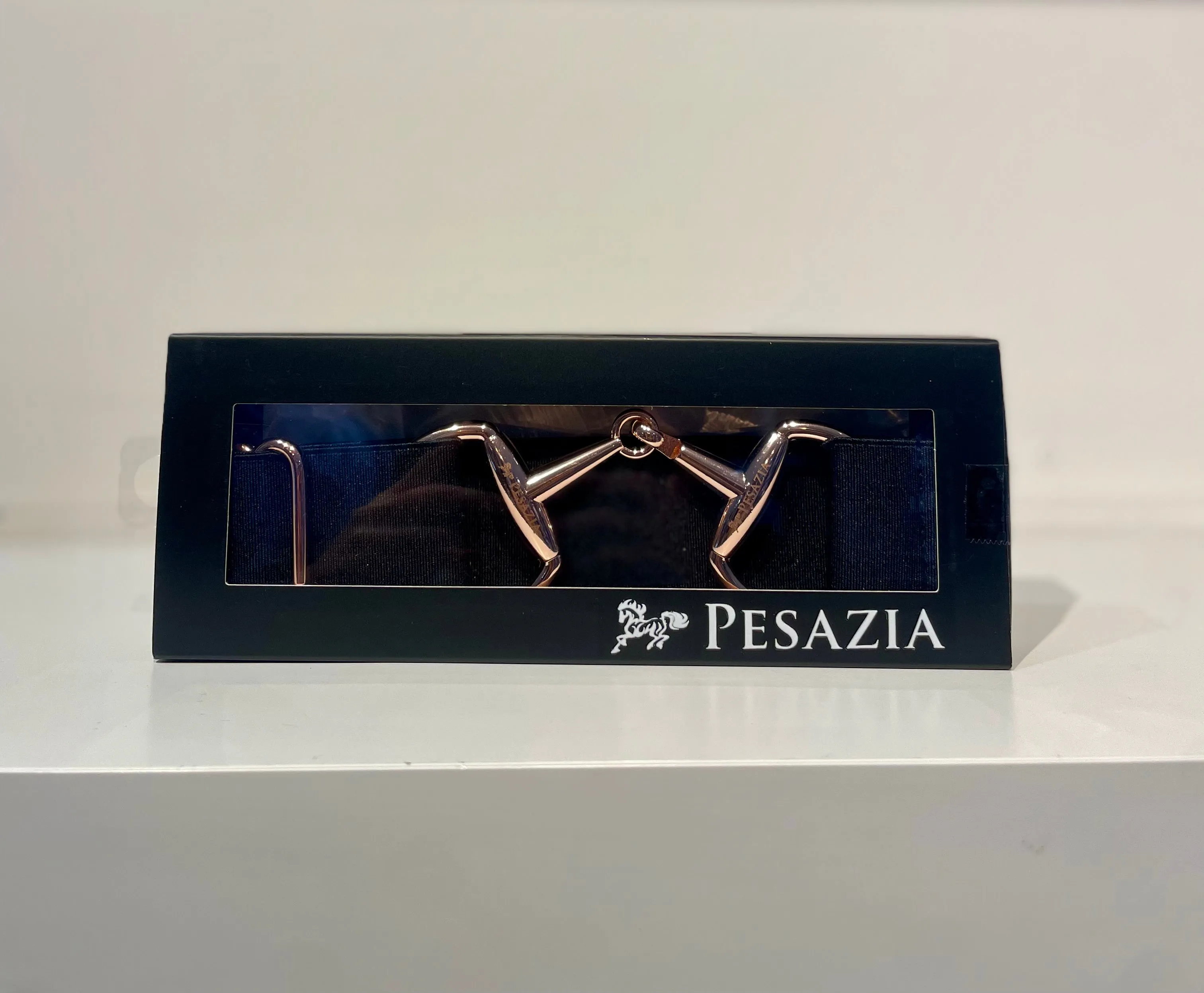 Pesazia - Logo Stretch Bit Belts - Black w/ Rose Gold Snaffle Bit