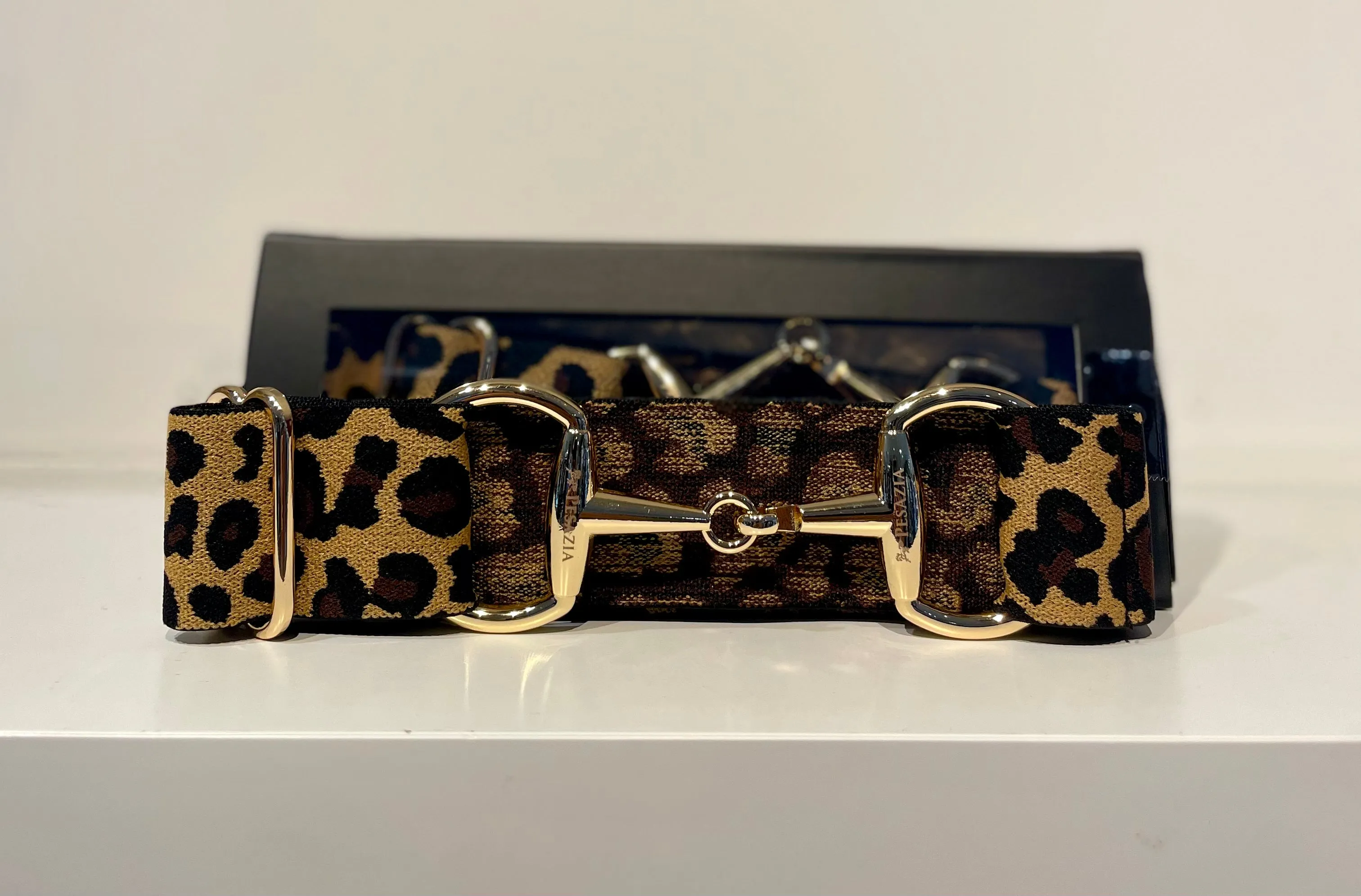 Pesazia - Logo Stretch Bit Belts - Leopard w/ Gold Snaffle Bit