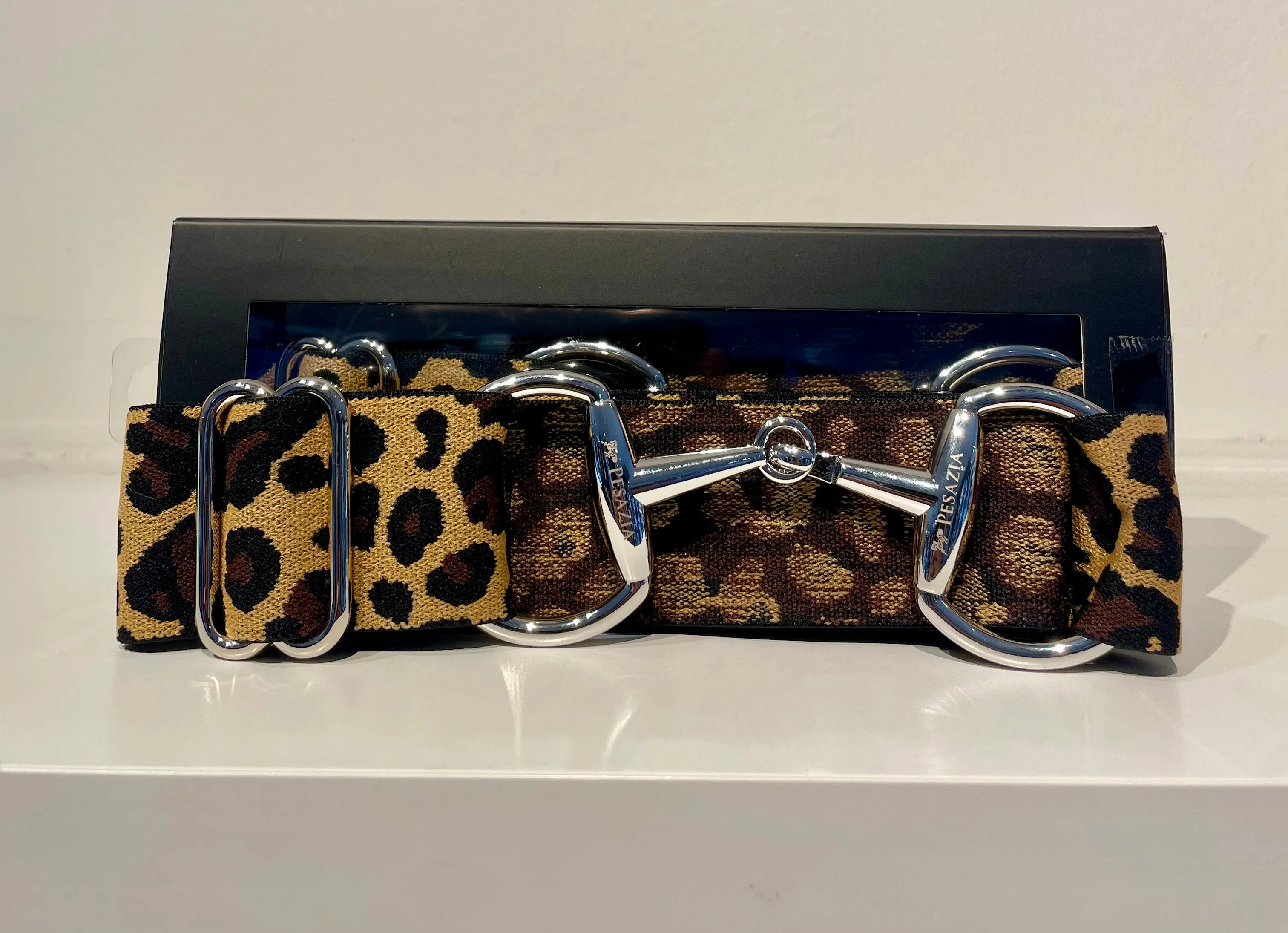 Pesazia - Logo Stretch Bit Belts - Leopard w/ Silver Snaffle Bit