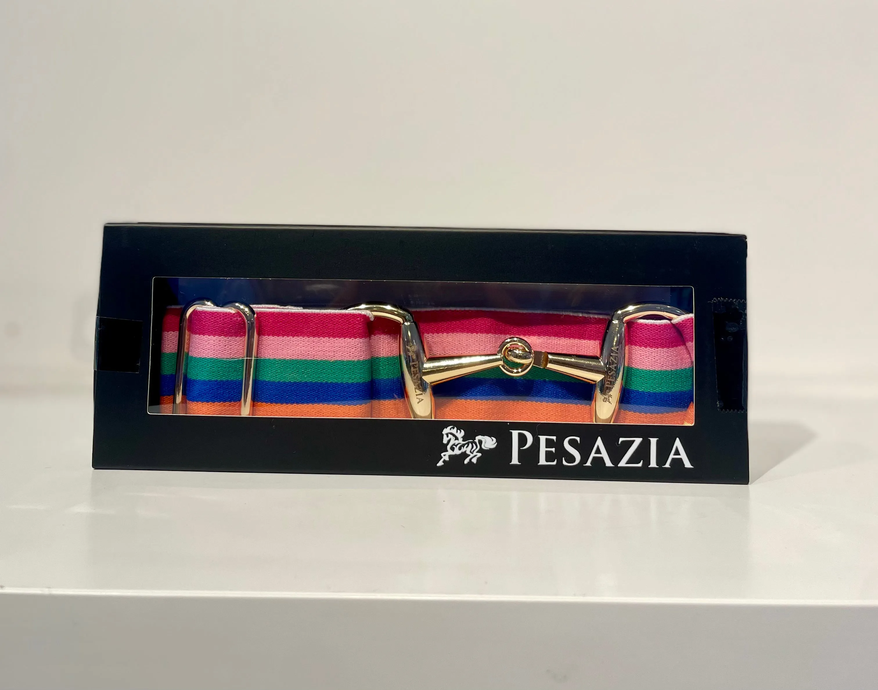 Pesazia - Logo Stretch Bit Belts - Rainbow Stripes w/ Gold Snaffle Bit