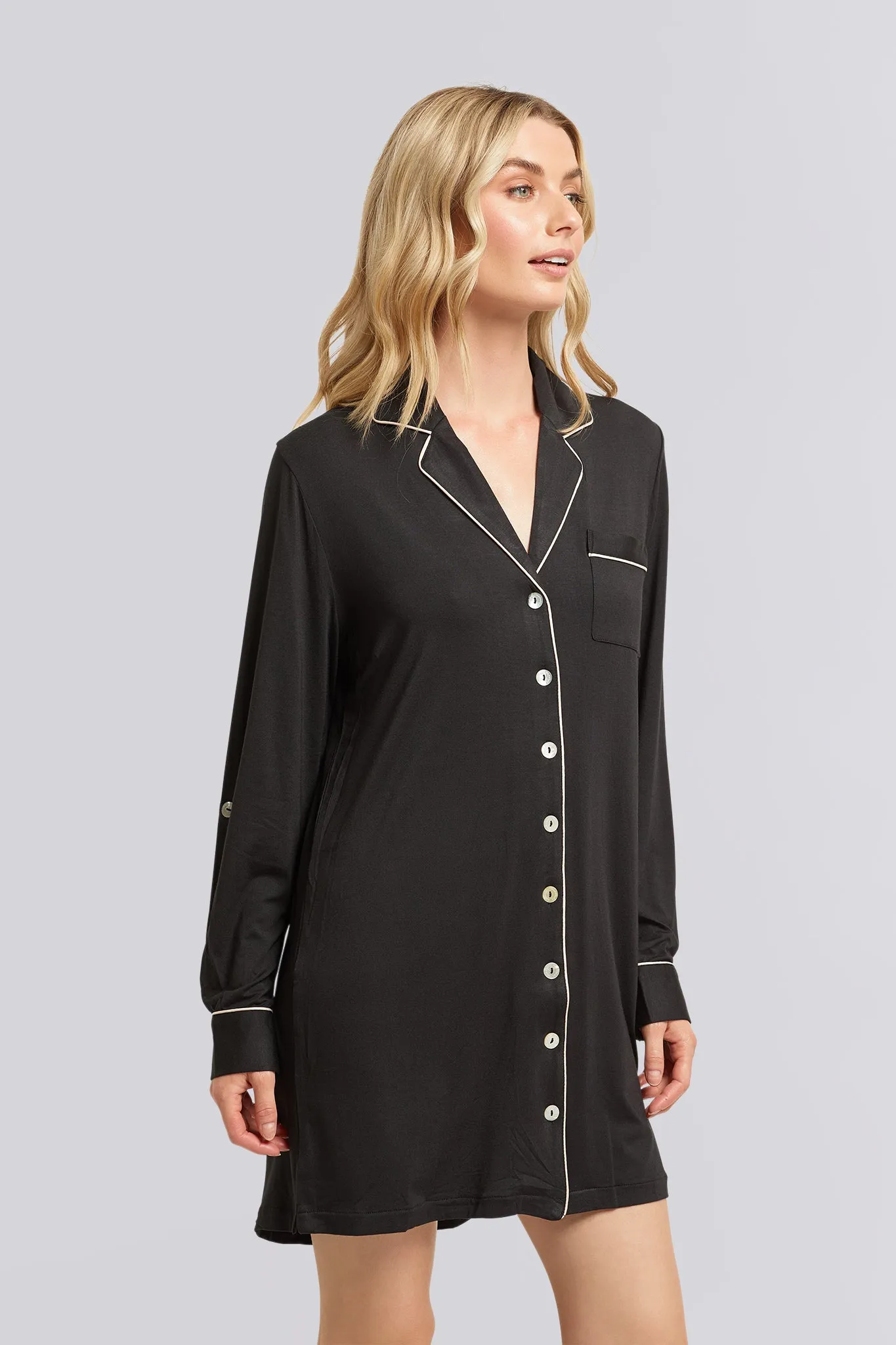 Petra Tencel™ Sleep Shirt - Black with Blush Piping