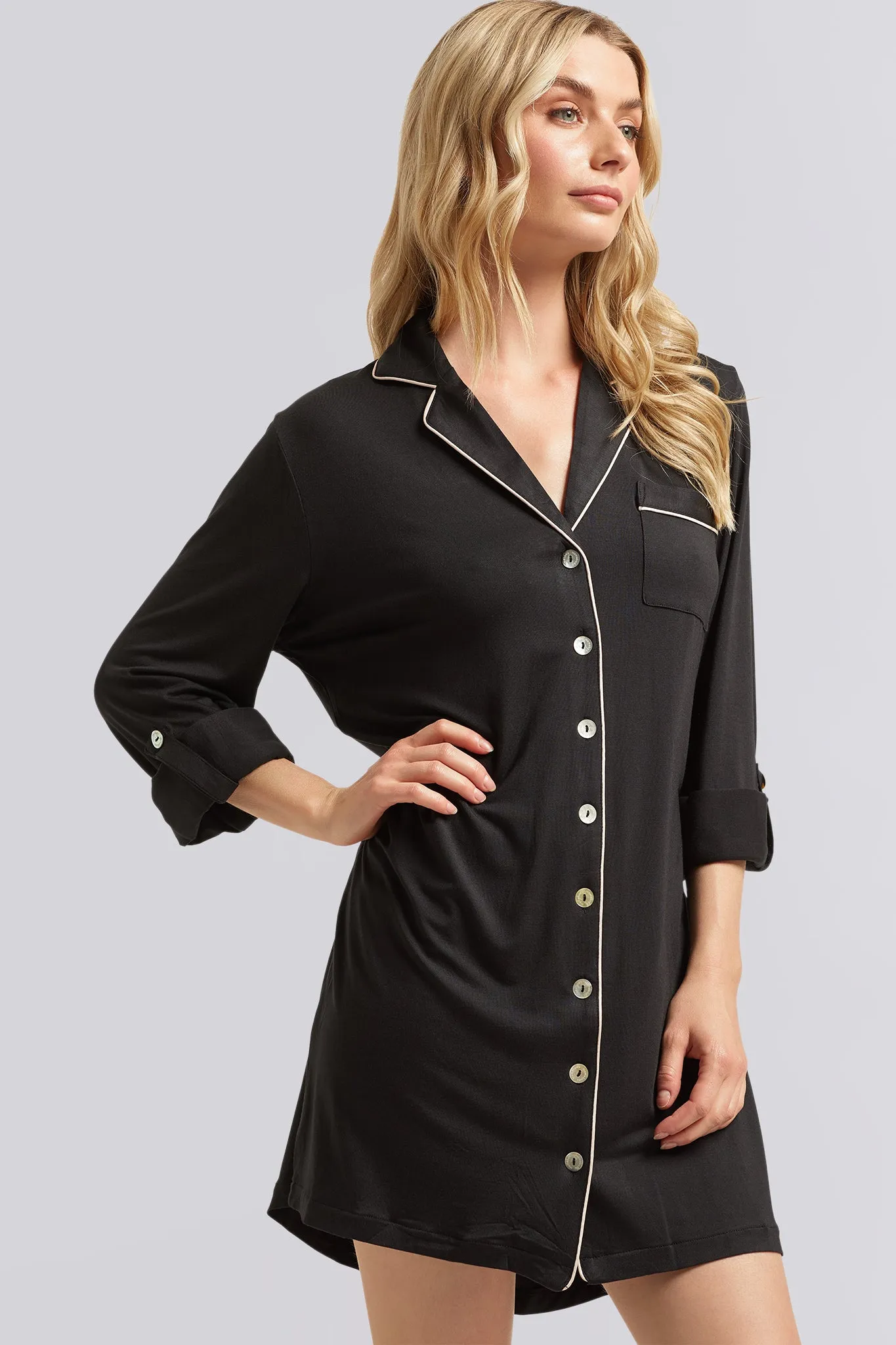 Petra Tencel™ Sleep Shirt - Black with Blush Piping