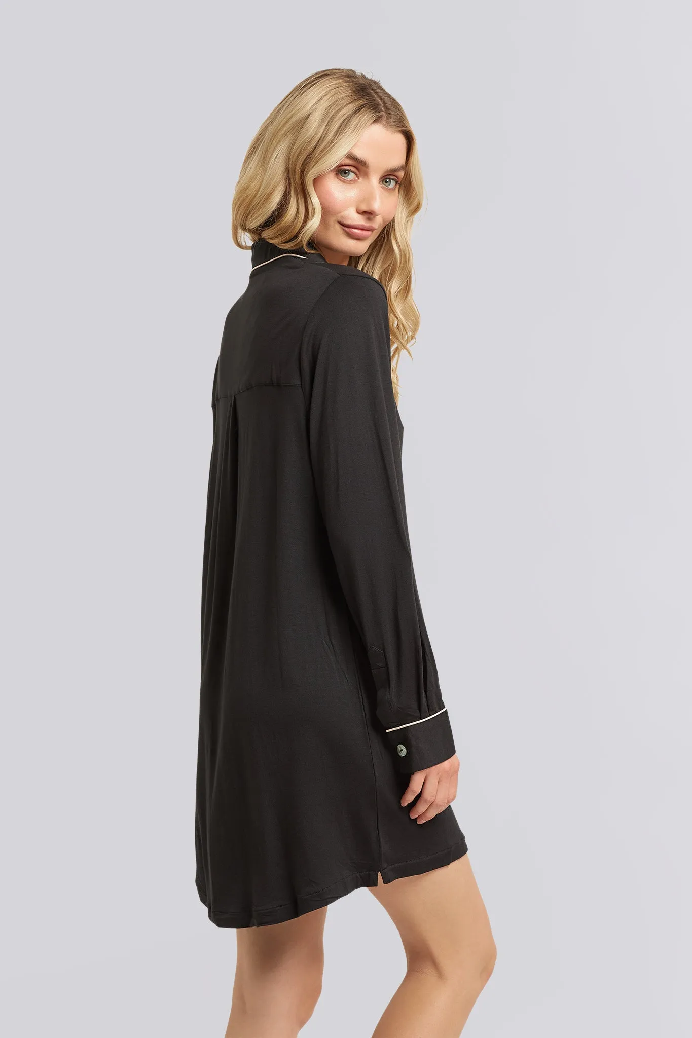 Petra Tencel™ Sleep Shirt - Black with Blush Piping