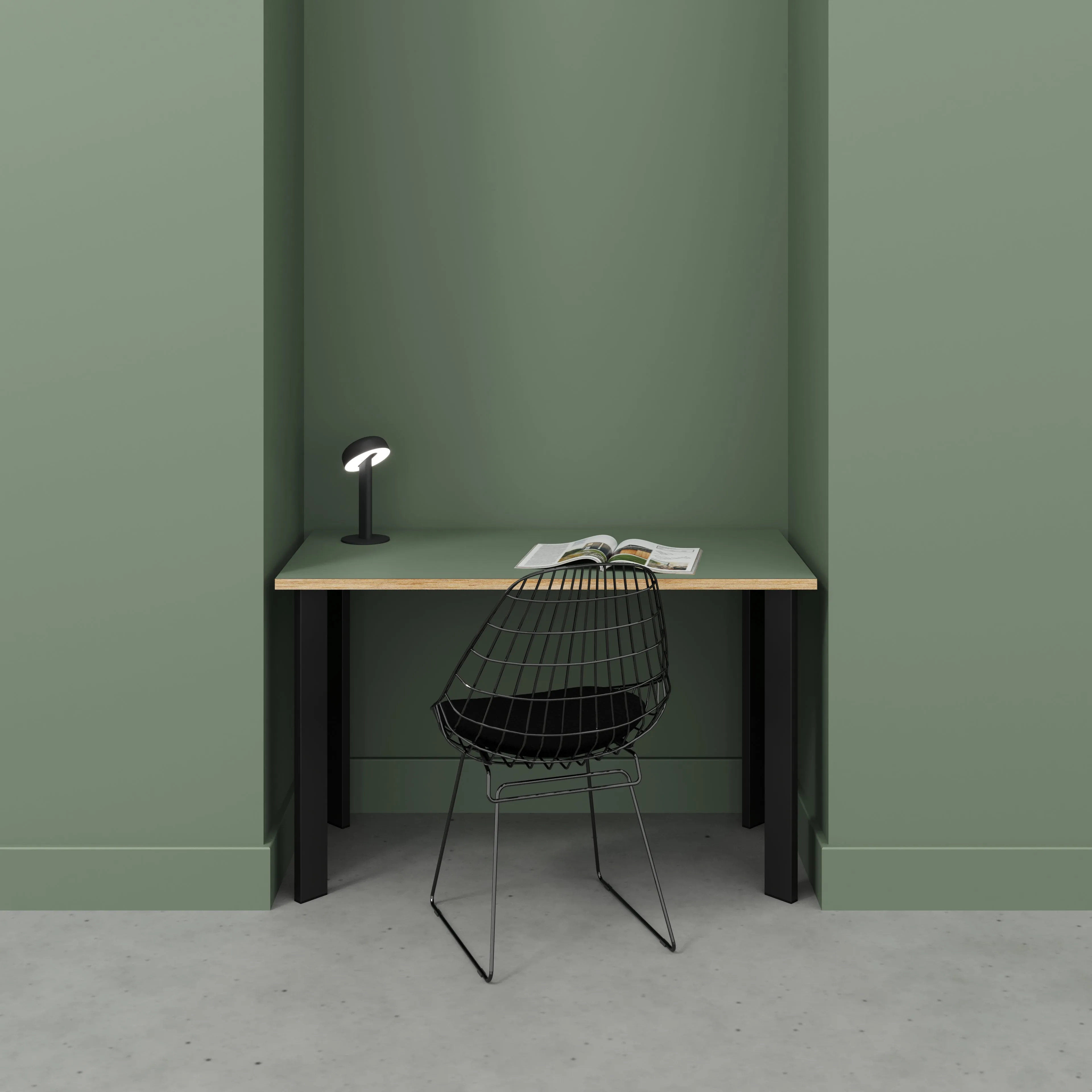 Plywood Desk with Black Rectangular Single Pin Legs - Formica Green Slate - 1200(w) x 600(d) x 735(h)