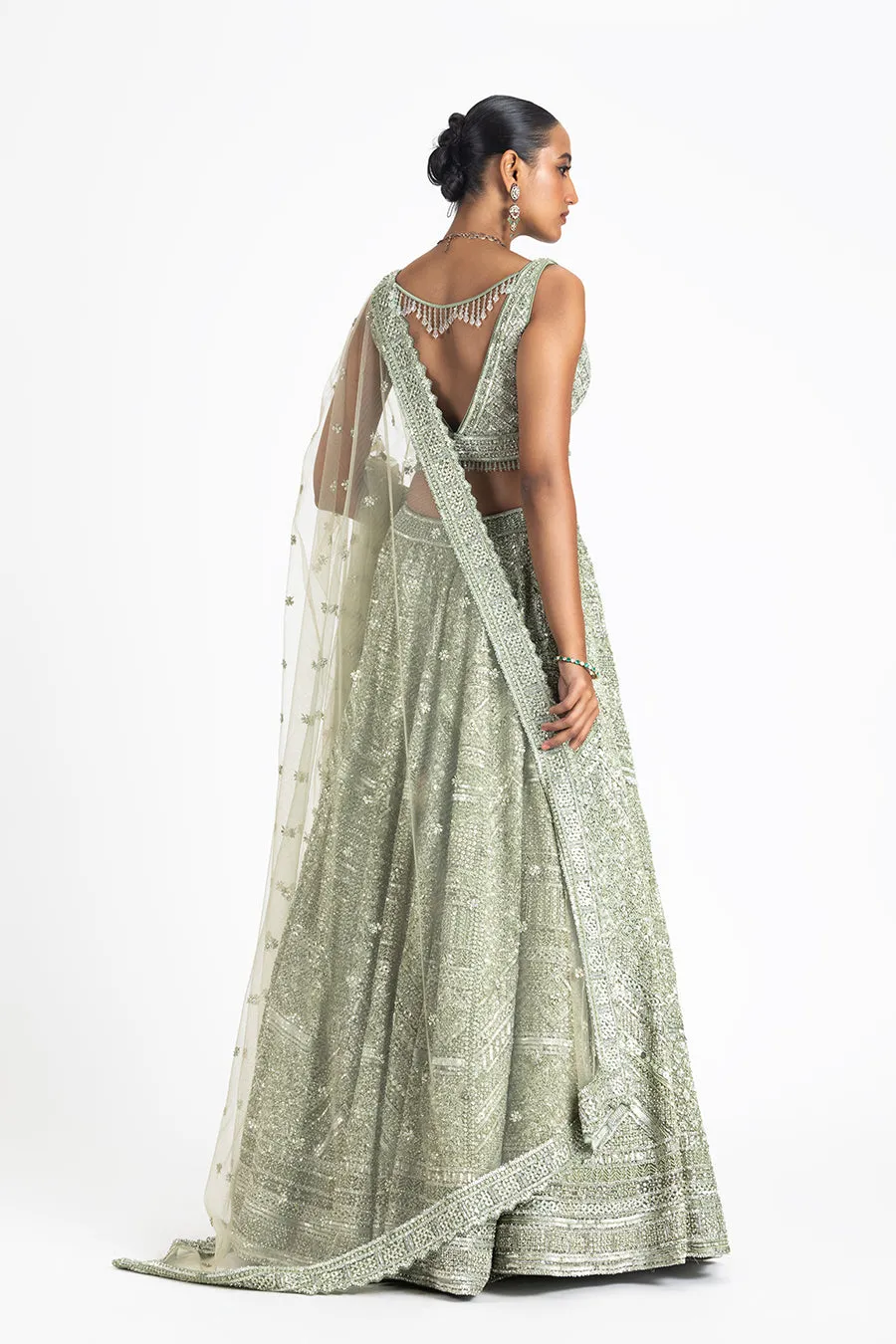 SAGE GREEN TULLE LEHENGA SET