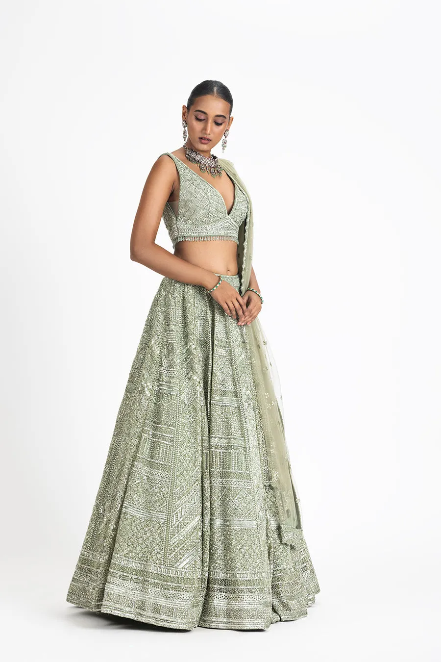 SAGE GREEN TULLE LEHENGA SET