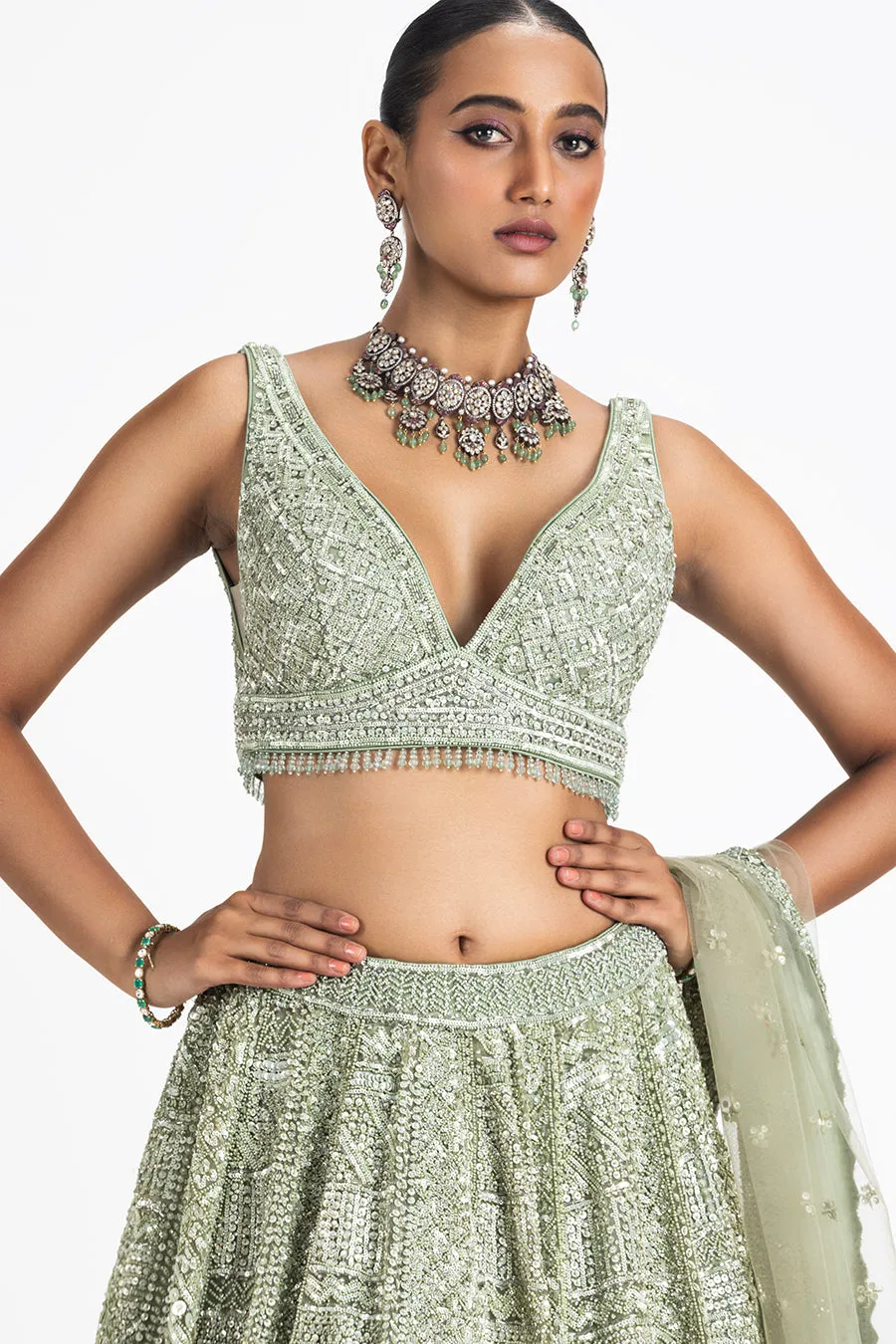 SAGE GREEN TULLE LEHENGA SET