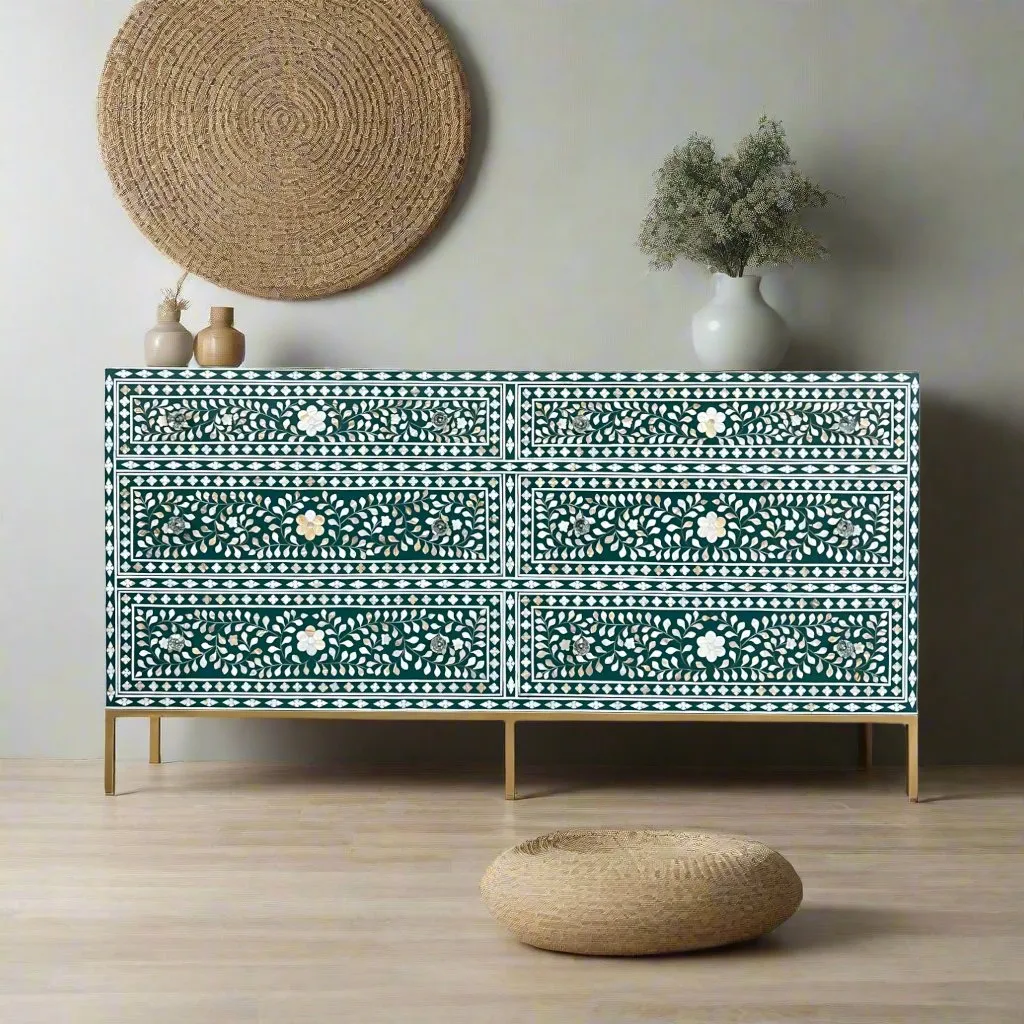 Scroll Vine MOP Inlay 6 Drawer Dresser Teal Green