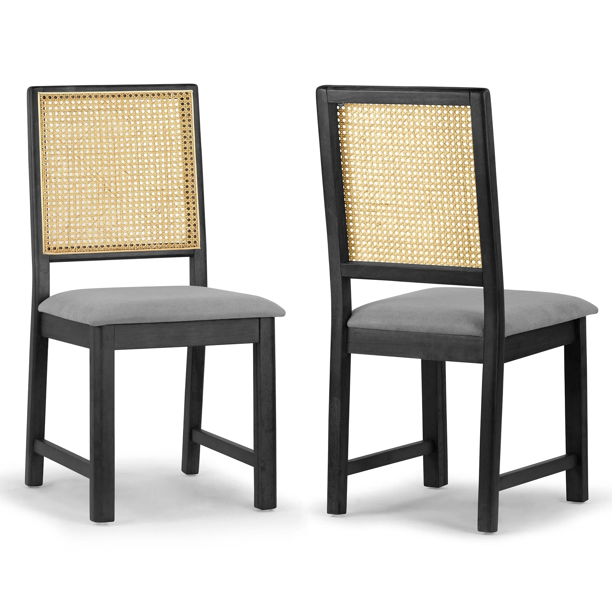 Set of 2 Baines Gray Fabric Dining Chair with High Rattan Back and Black Wood Legs