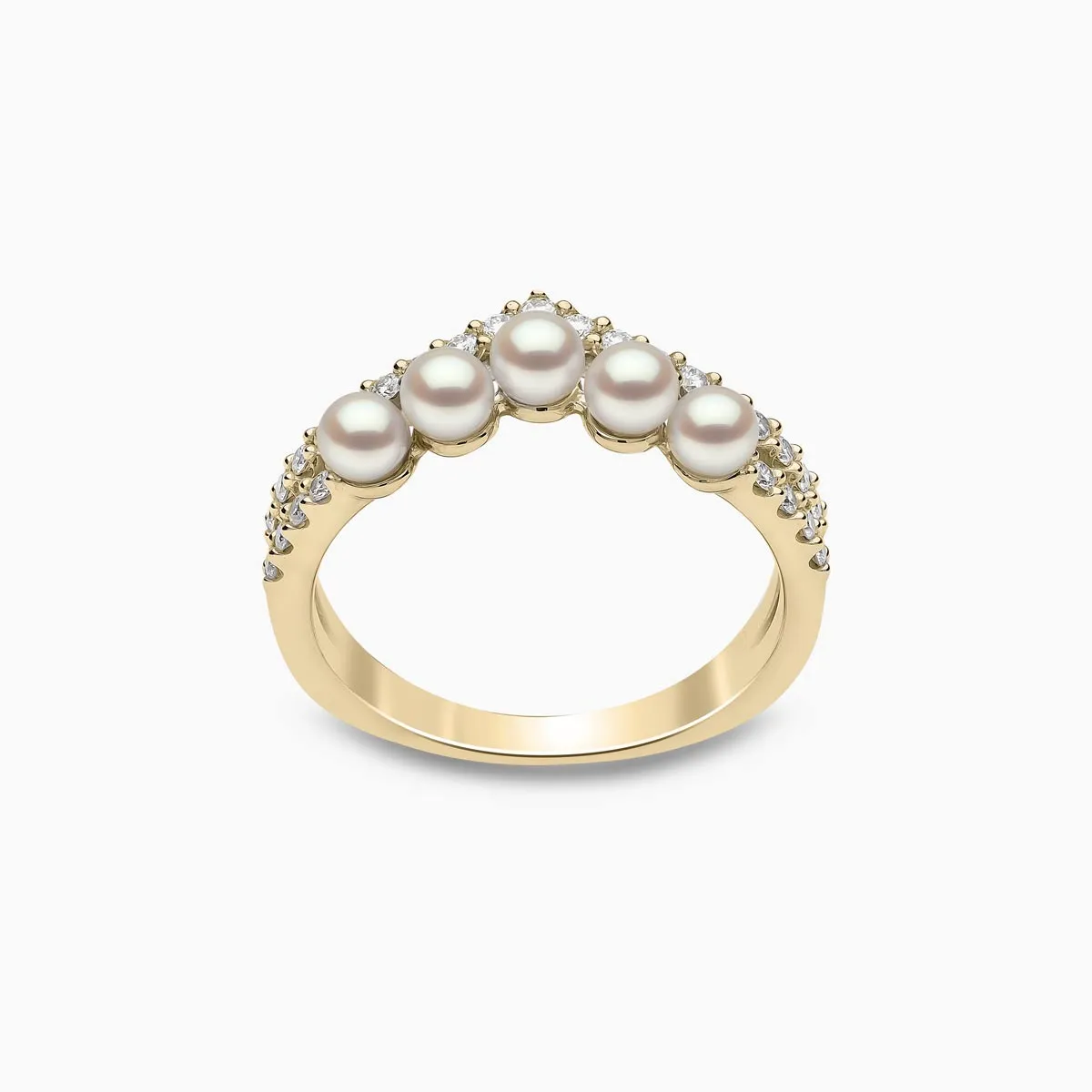 Sleek 18K Gold Pearl and Diamond Curve V Ring