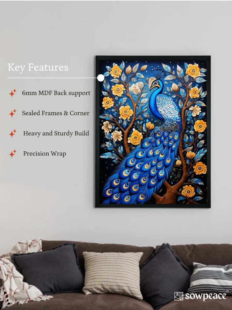 Sowpeace Serenity: Handcrafted Peacock's Tranquil Aura – Premium Indian-Inspired Canvas Art for Elegant Home Decor