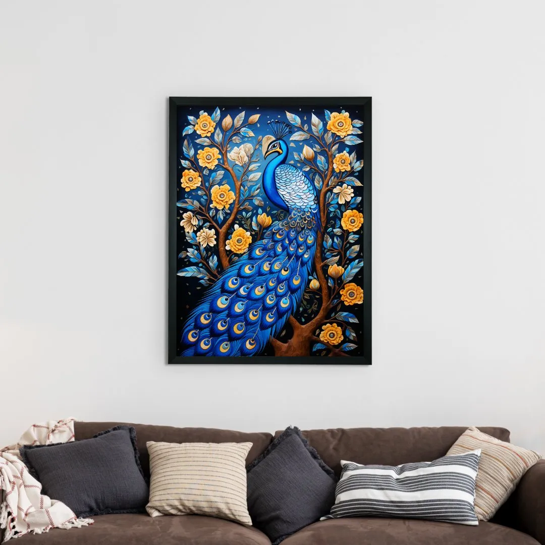 Sowpeace Serenity: Handcrafted Peacock's Tranquil Aura – Premium Indian-Inspired Canvas Art for Elegant Home Decor