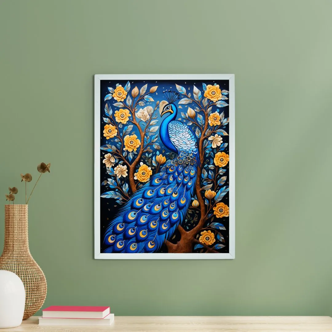 Sowpeace Serenity: Handcrafted Peacock's Tranquil Aura – Premium Indian-Inspired Canvas Art for Elegant Home Decor