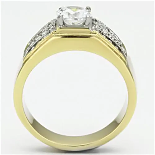 Two-Tone IP Gold (Ion Plating) Stainless Steel Ring with AAA Grade CZ in Clear for Women Style TK759