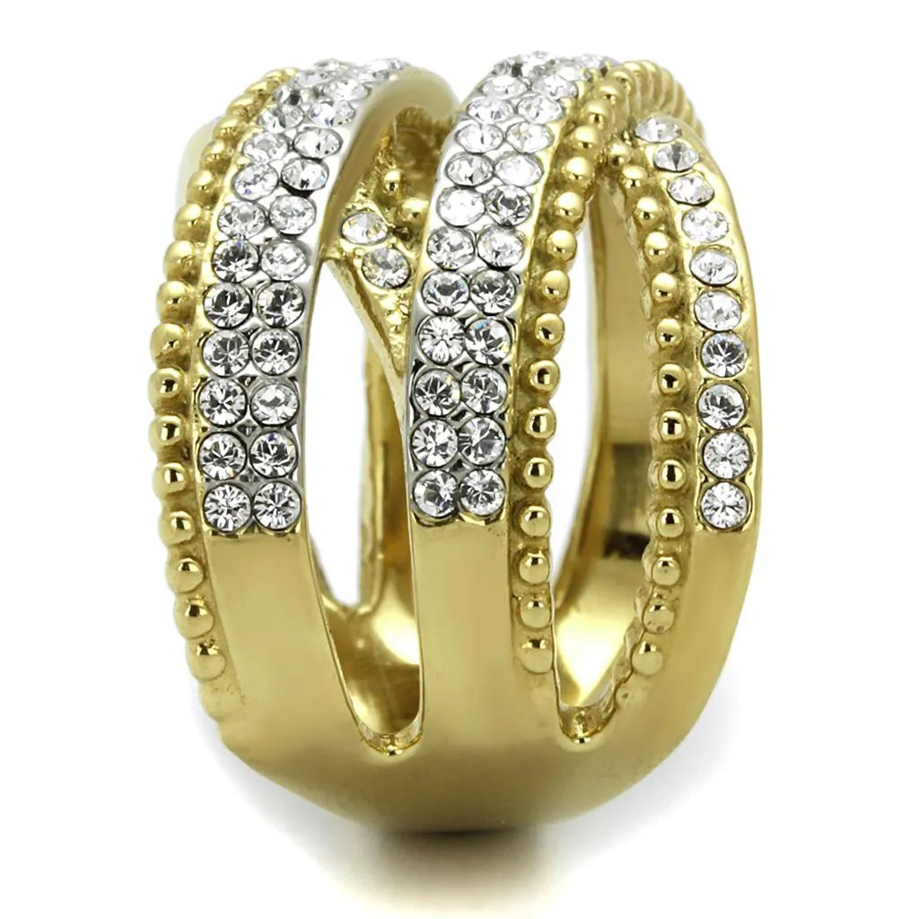 Two-Tone IP Gold (Ion Plating) Stainless Steel Ring with Top Grade Crystal in Clear for Women Style TK2252