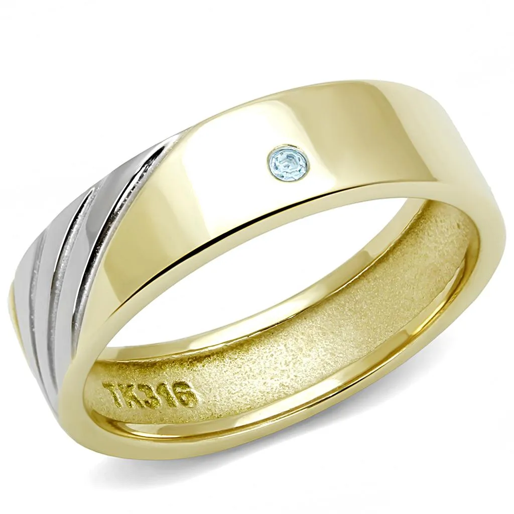 Two-Tone IP Gold (Ion Plating) Stainless Steel Ring with Top Grade Crystal in Sea Blue for Women Style TK3267