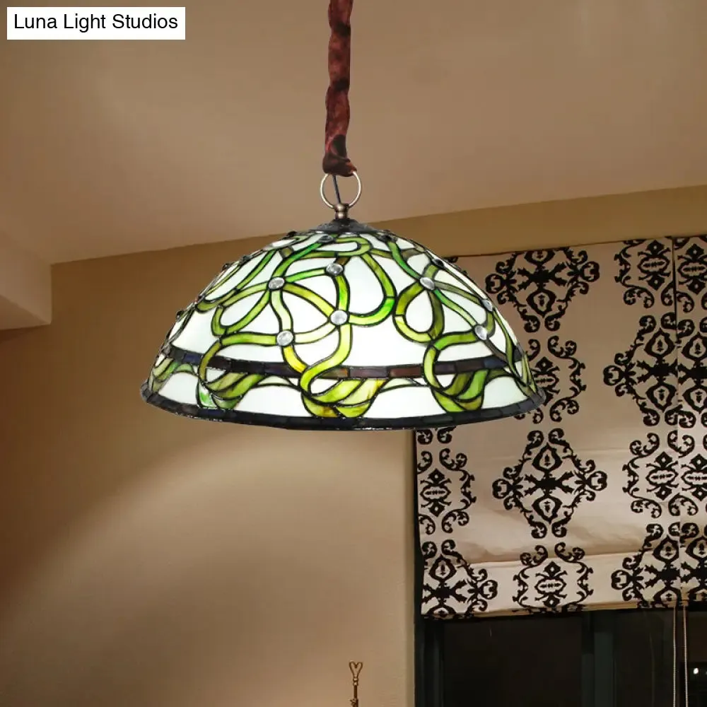 Vintage Green Stained Glass Chandelier: Elegant 3-Light Ceiling Fixture with Vine Pattern